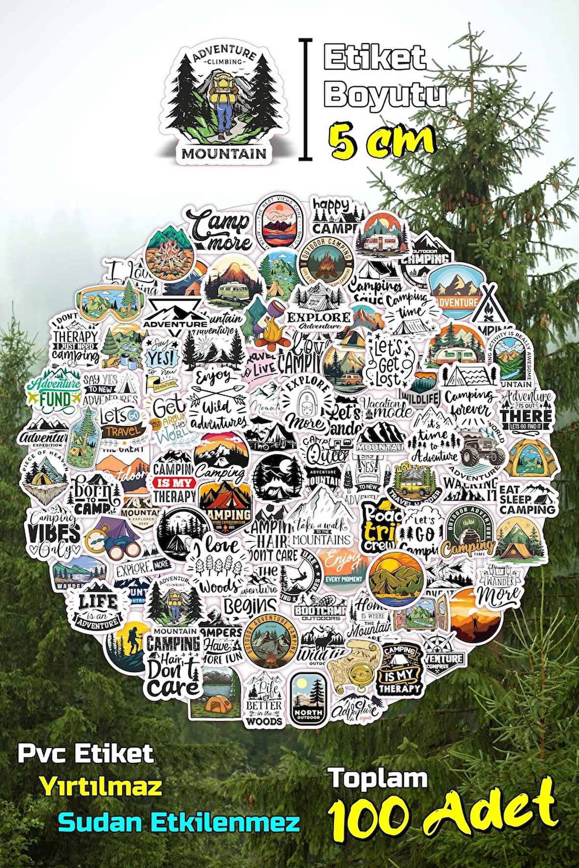  ​​Kamp Temalı Camping Outdoor Adventure Sticker Seti Model-5 (5CM - 100 ADET)
