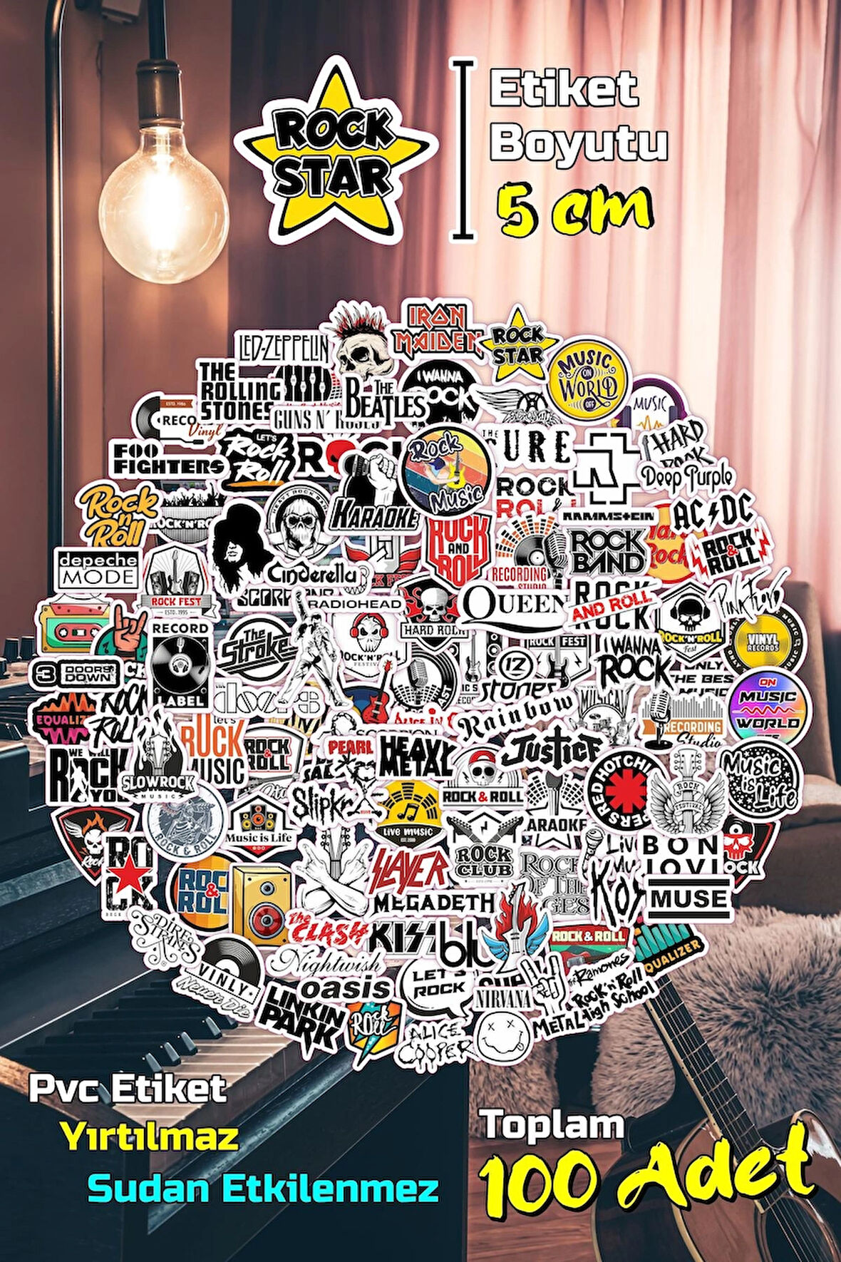 Rock Müzik Rock'n Roll Sticker Etiket Seti 5cm - 100 Adet