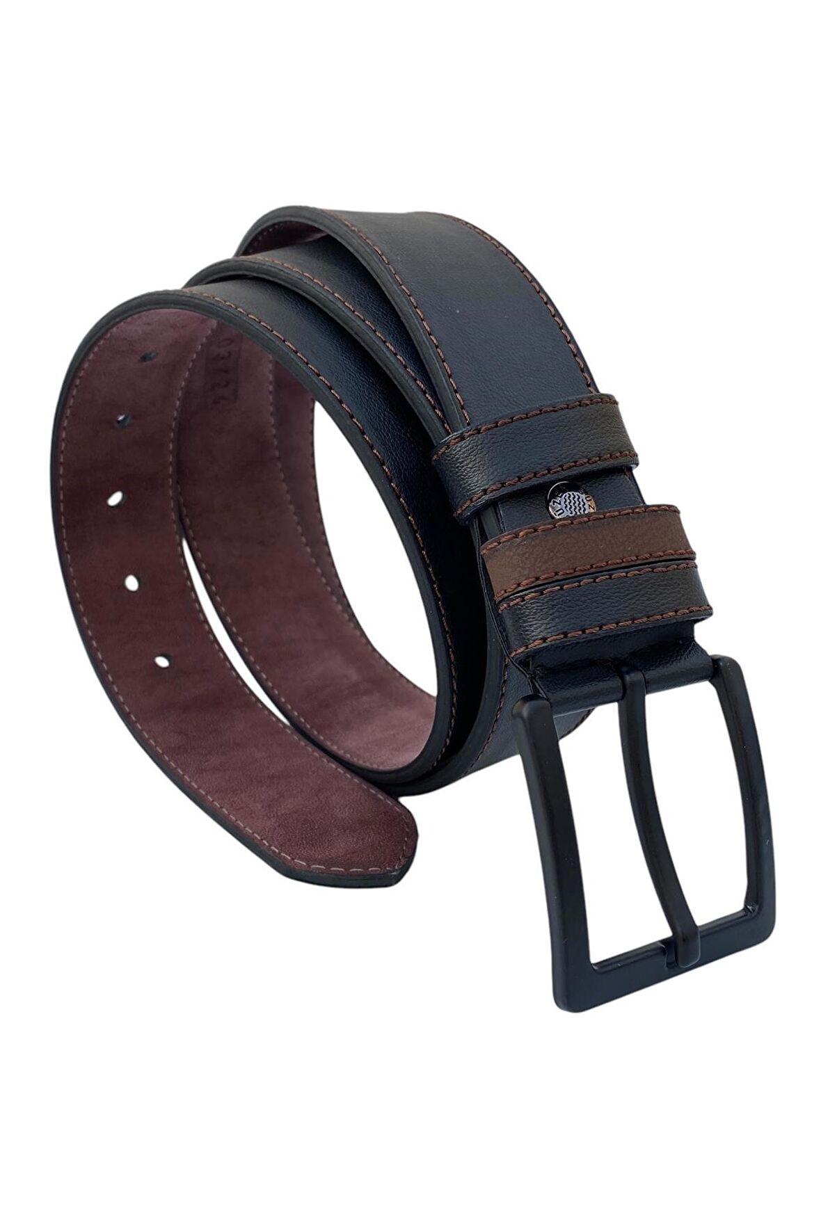 Siyah Suni Deri Kahverengi Dikişli 3 Köprülü 4 cm.lik Unisex Spor Kemer - 7000-109