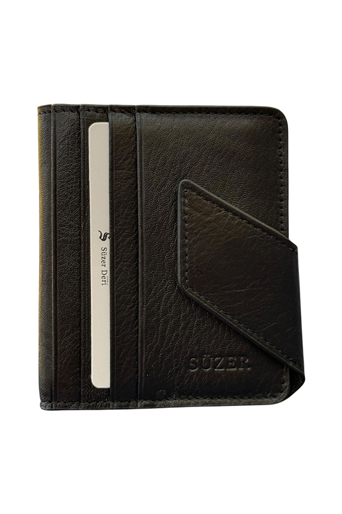 Siyah Hakiki Deri İkiye Katlanır Patlı ve Mıknatıslı Model Kredi Kartlık - 3041-Siyah