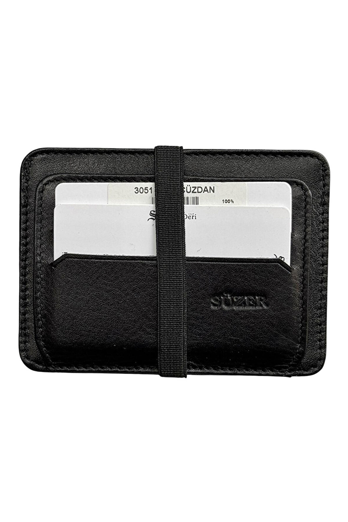 Siyah Hakiki Deri Lastikli İkiye Katlanır Düz Model Mini Kredi Kartlık - 3051-Siyah