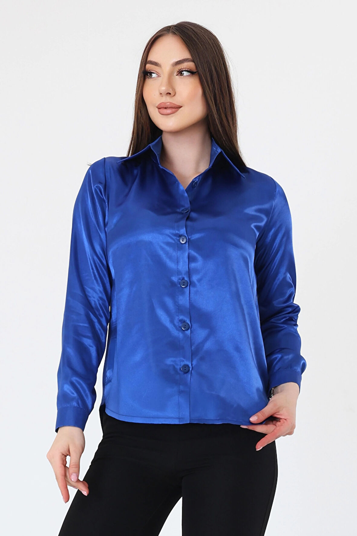 Kadın Hafif Dökümlü Sax Mavi Saten Gömlek