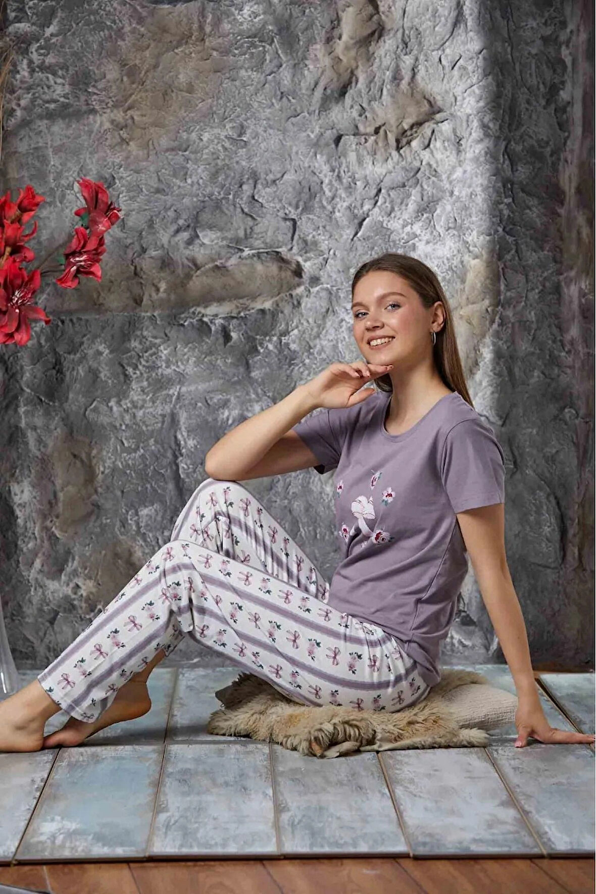 Lukitus Kısa Kol Pijama Takımı Pamuklu Sıfır Yaka Pijama Takımı