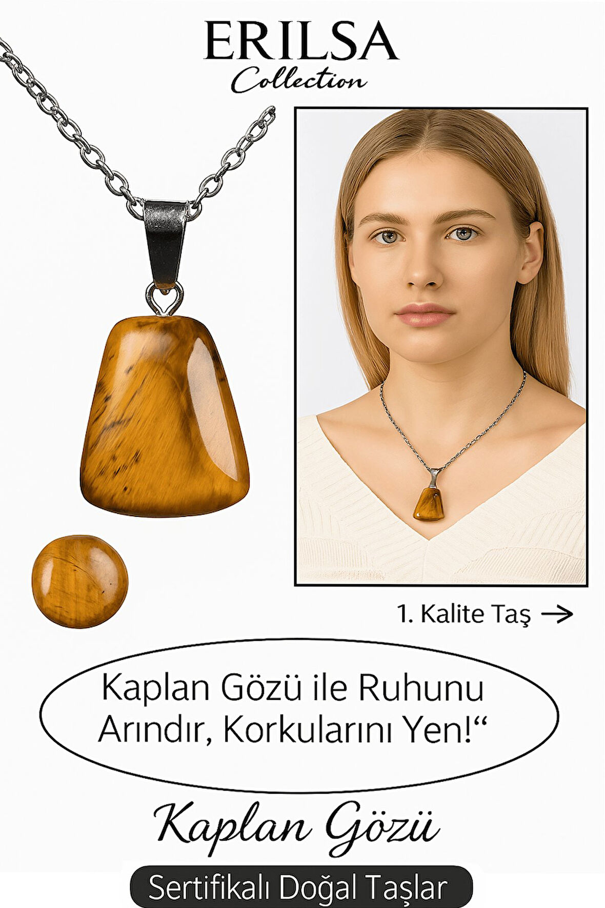 Sertifikalı AAA+ Kaplan Gözü Taşı Kolye – Beşgen Model, Gümüş Aparatlı