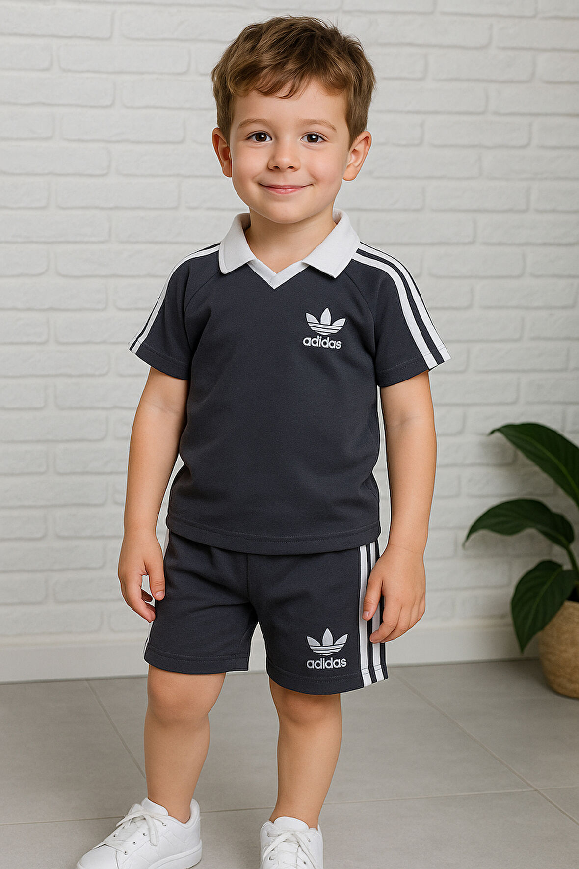 Adidas Yazı Detaylı Polo Yaka Tshirt ve Şort Alt Üst Erkek Çocuk Takım 