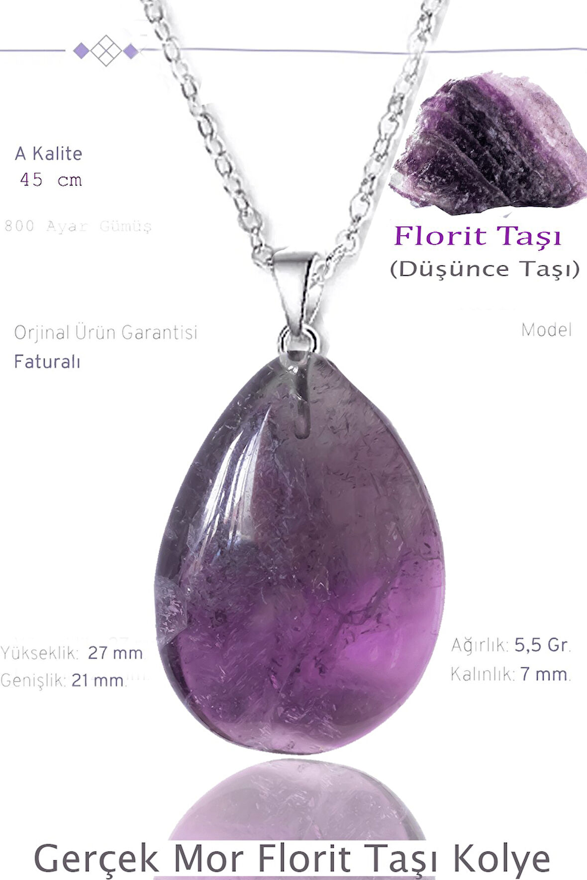 Sertifikalı Damla Model Mor Florit Taşı Kolye - Gümüş Aparatlı