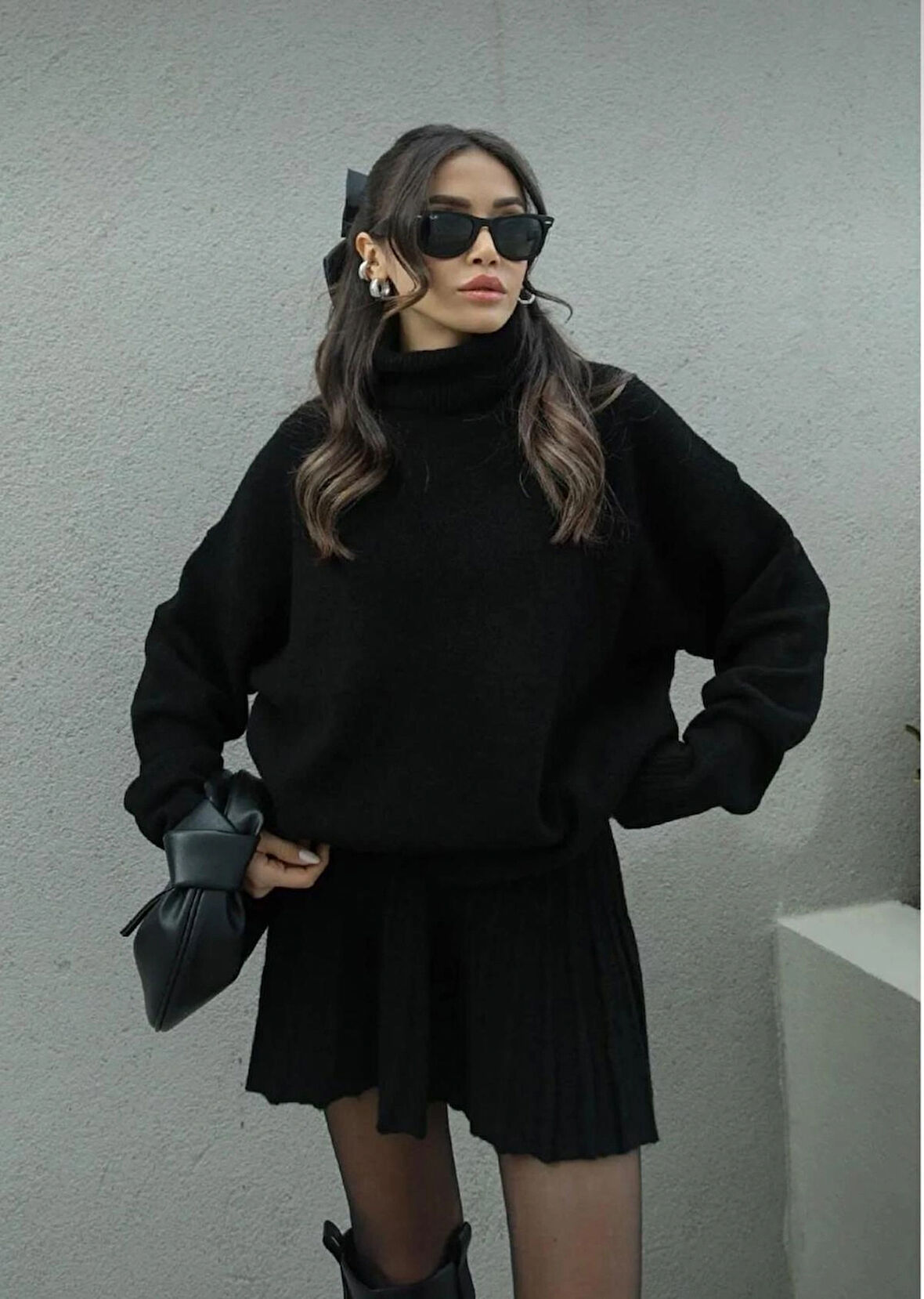 DGN'S BORDO-SİYAH-ANTRASİT PİLİSELİ  KADIN ETEKLİ TRİKO TAKIM OVERSİZE 