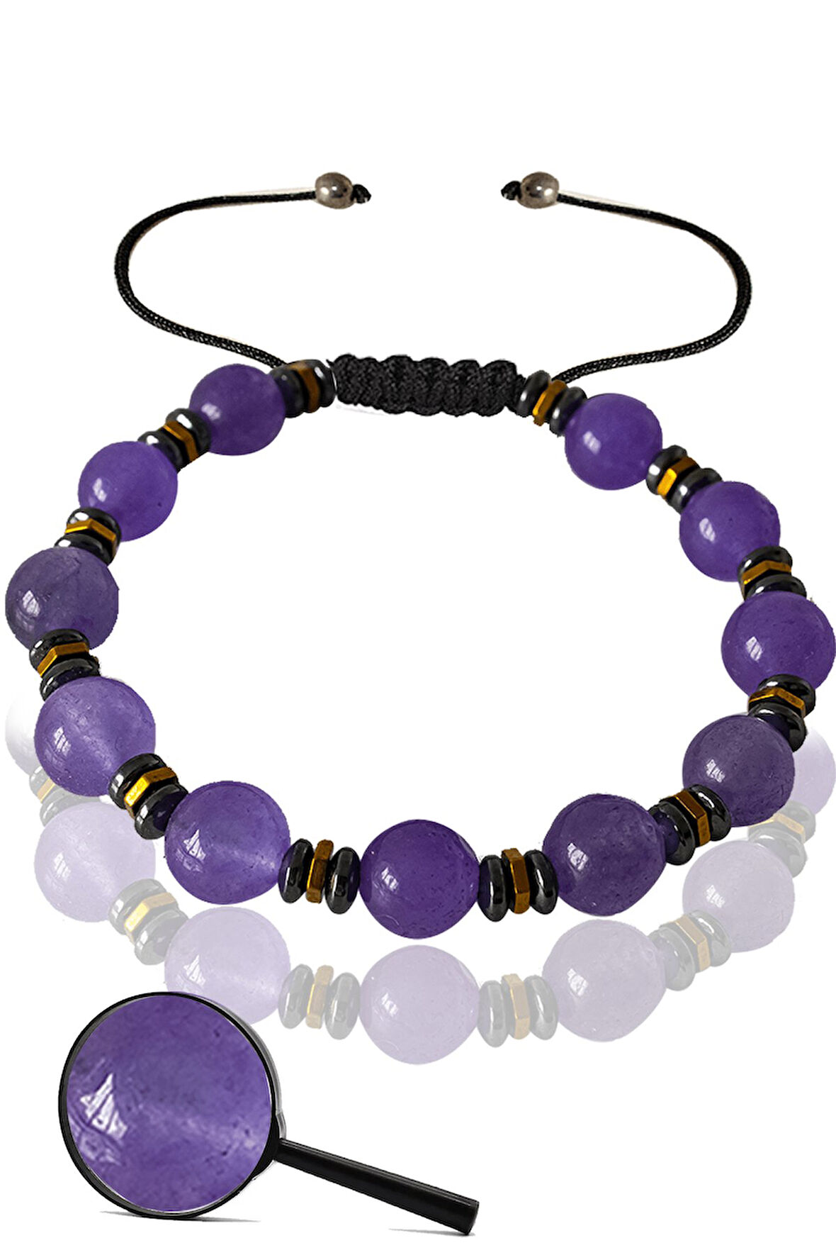 Sertifikalı Rose Hematitli Gerçek Mor Akik Taşı Bileklik - Ayarlamalı