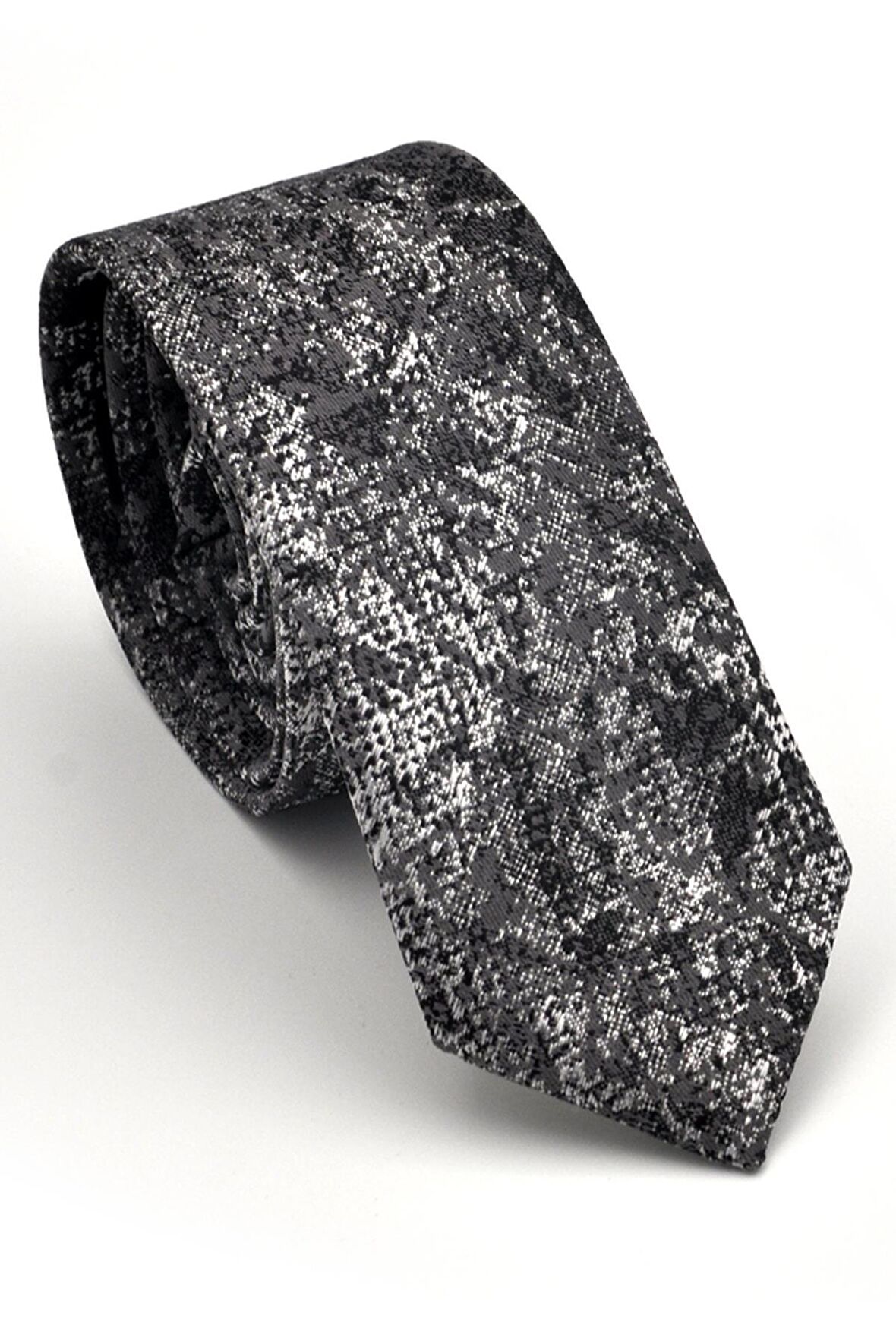 Gri Füme Siyah Karışık Desenli Dokuma Kumaş Mendilli Slim Fit Kravat // SDK230905
