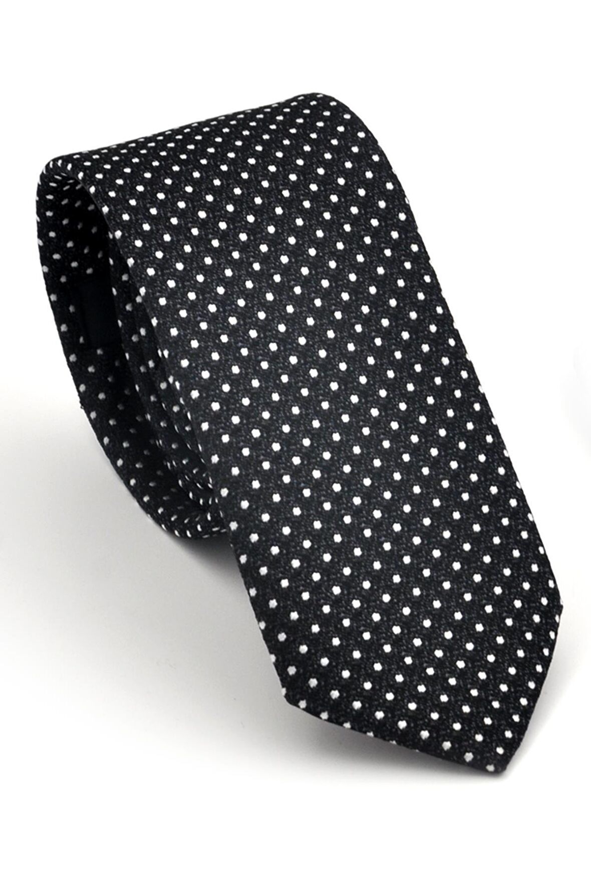 Beyaz Noktalı Puantiye Desenli Siyah Dokuma Kumaş Mendilli Slim Fit Kravat // SDK230913