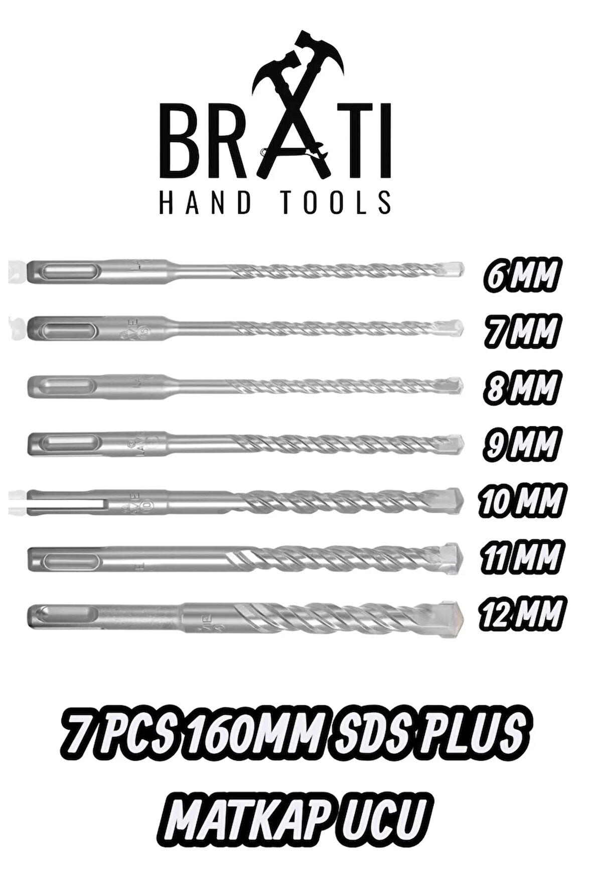 Sds Plus Kırıcı Delici Hilti Duvar ve Beton Delme Matkap Ucu seti 7 parça 160mm Boy 6mm-12mm