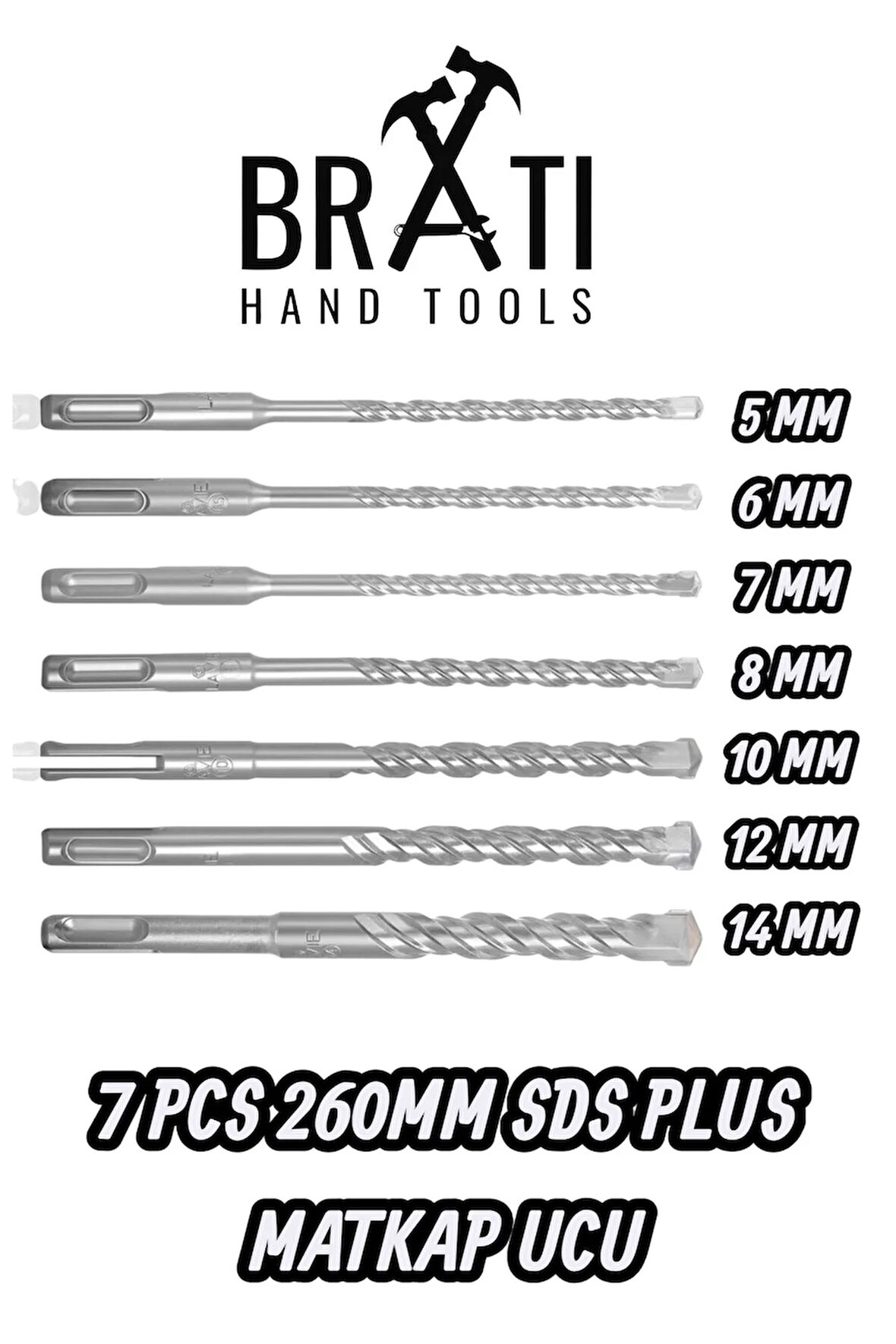 Sds Plus Kırıcı Delici Hilti Duvar ve Beton Delme Matkap Ucu seti 7 parça 260mm Boy 5mm-14mm