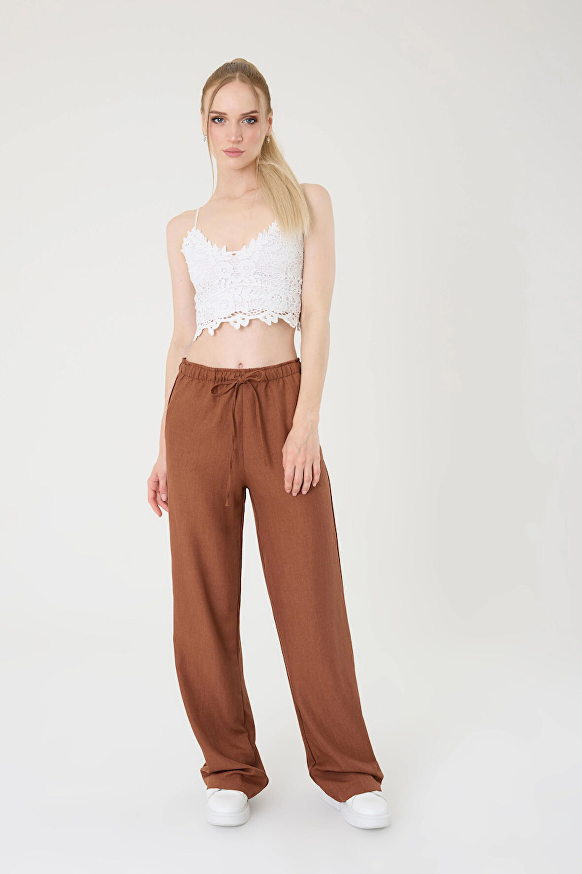 Kadın Kahverengi Keten Karışımlı Bol Kesim Pantolon