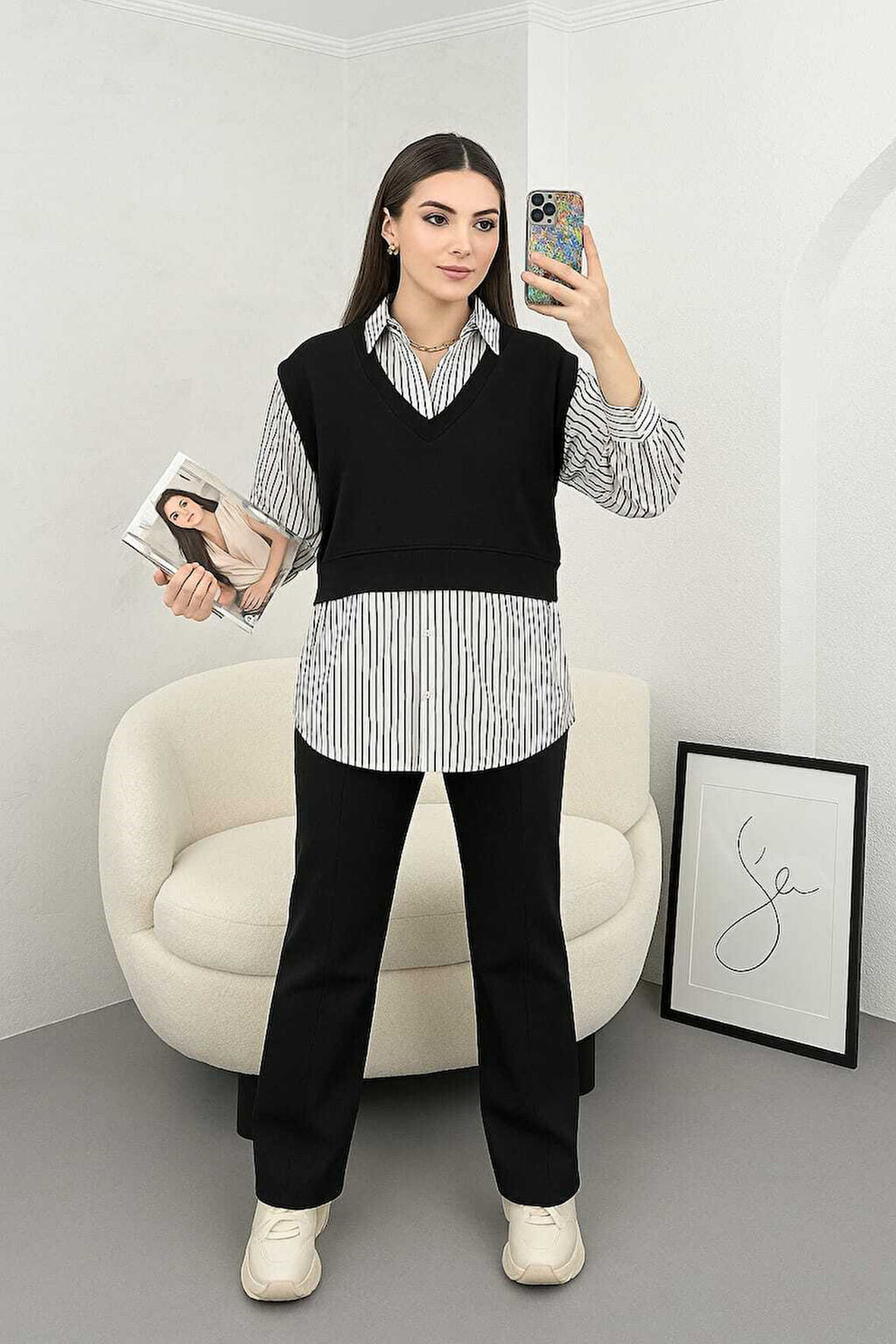Seçil Kadın Siyah Günlük Penye Süveter Detaylı Çizgili Gömlek SECIL-4997