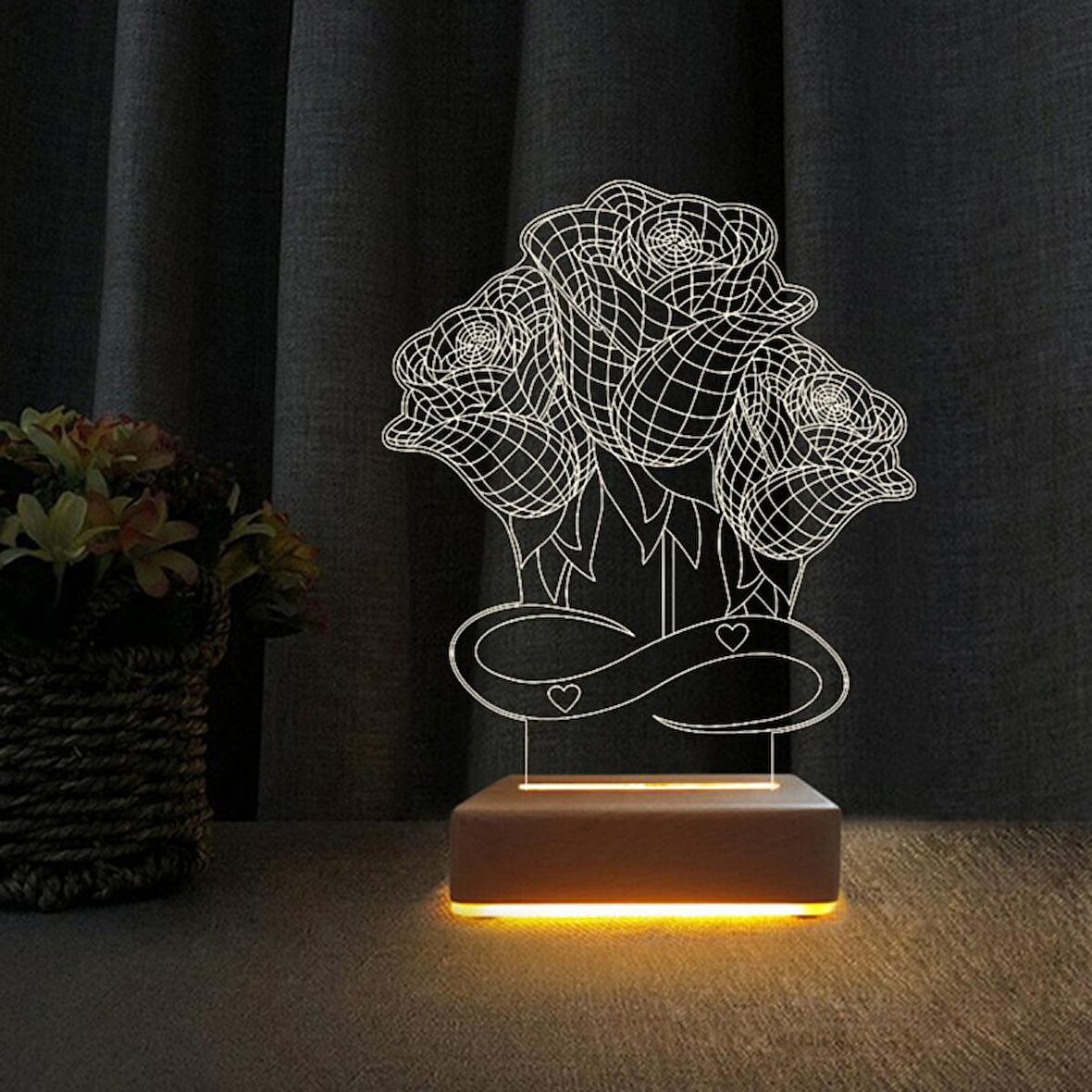 3D Led Gece Lambası Anneler Günü Hediyesi 3 Güllü Lamba, Anneye Eşe Hediye