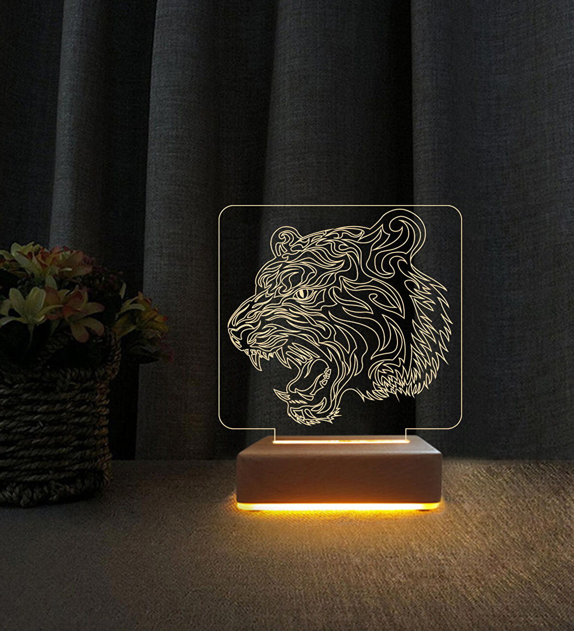 3D Led Gece Lambası Kaplan Çizim 3D Led Lambası Doğum Gününe Hediye