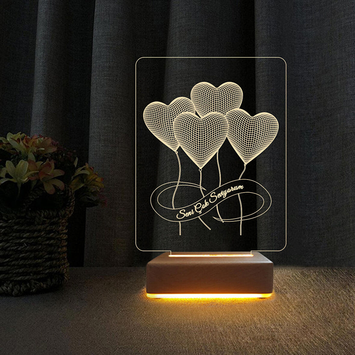 3D Led Gece Lambası 4 Kalpli Seni Seviyorum Yazılı Lambası Sevgiliye Hediye