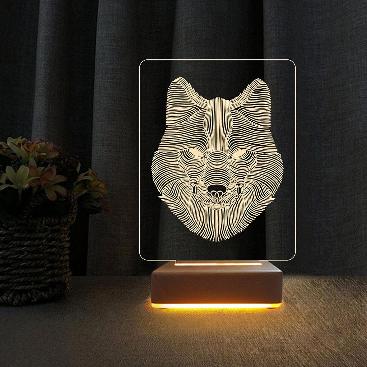 3D Led Gece Lambası Kurt Çizim Gece Lambası Doğum Gününe Hediye 