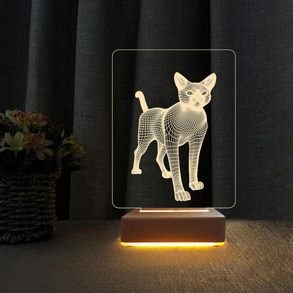 3D Led Gece Lambası Kedi Çizim Gece Lambası Doğum Günü Hediyesi 