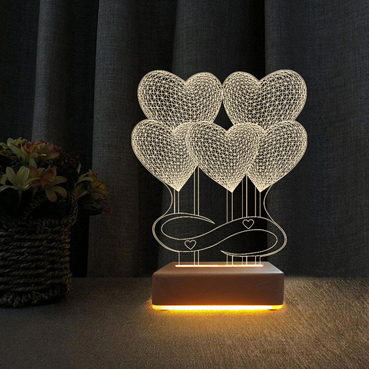 3D Led Gece Lambası 5 Kalp Tasarım Sevgililer İçin Hediye