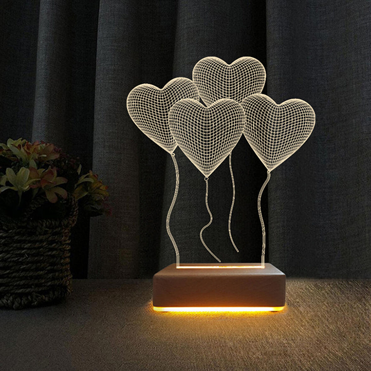 3D Led Gece Lambası 4 Kalp Tasarım Sevgili Hediyesi 