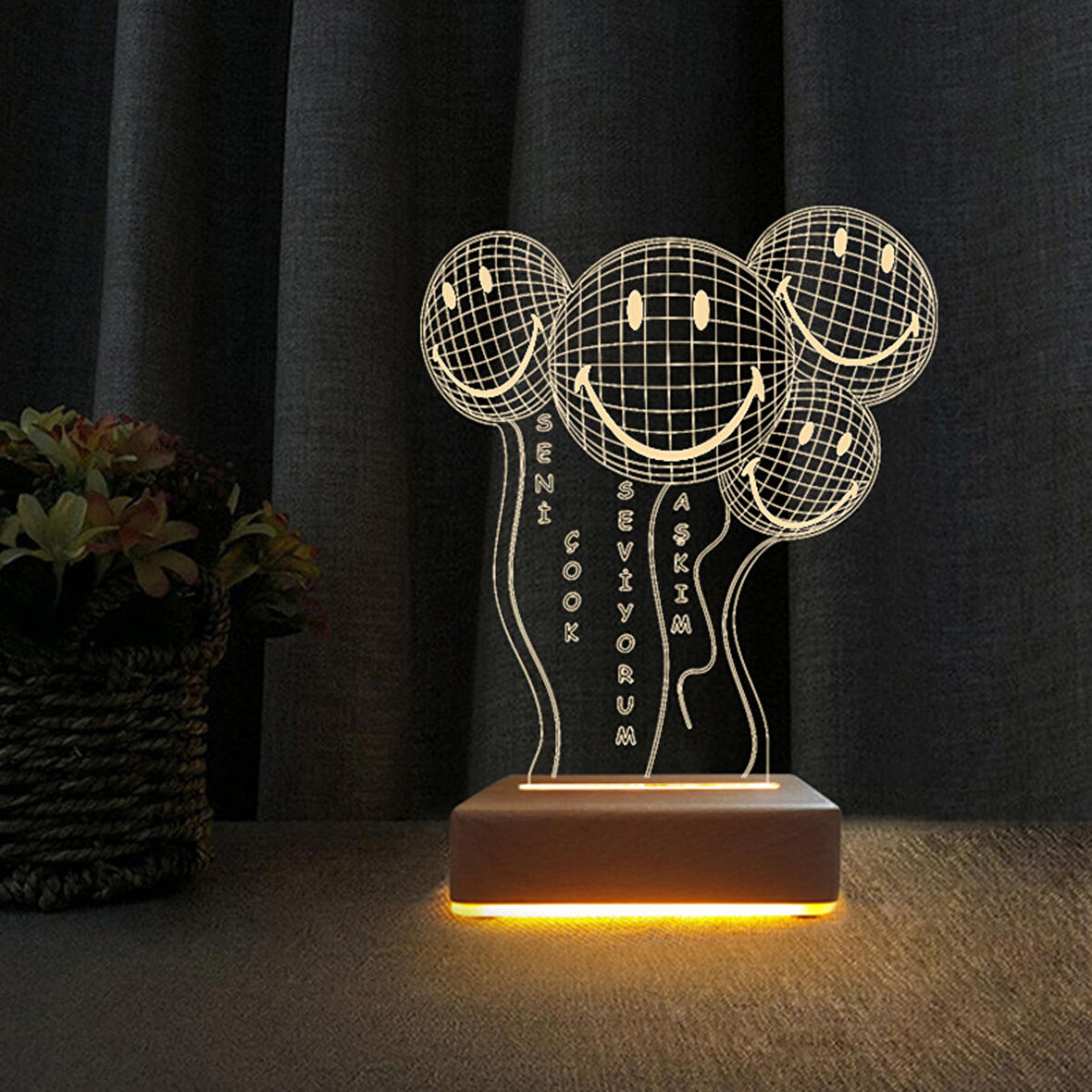 3D Led Gece Lambası Gülen Yüzler Balon Tasarım Doğum Günü Hediyesi