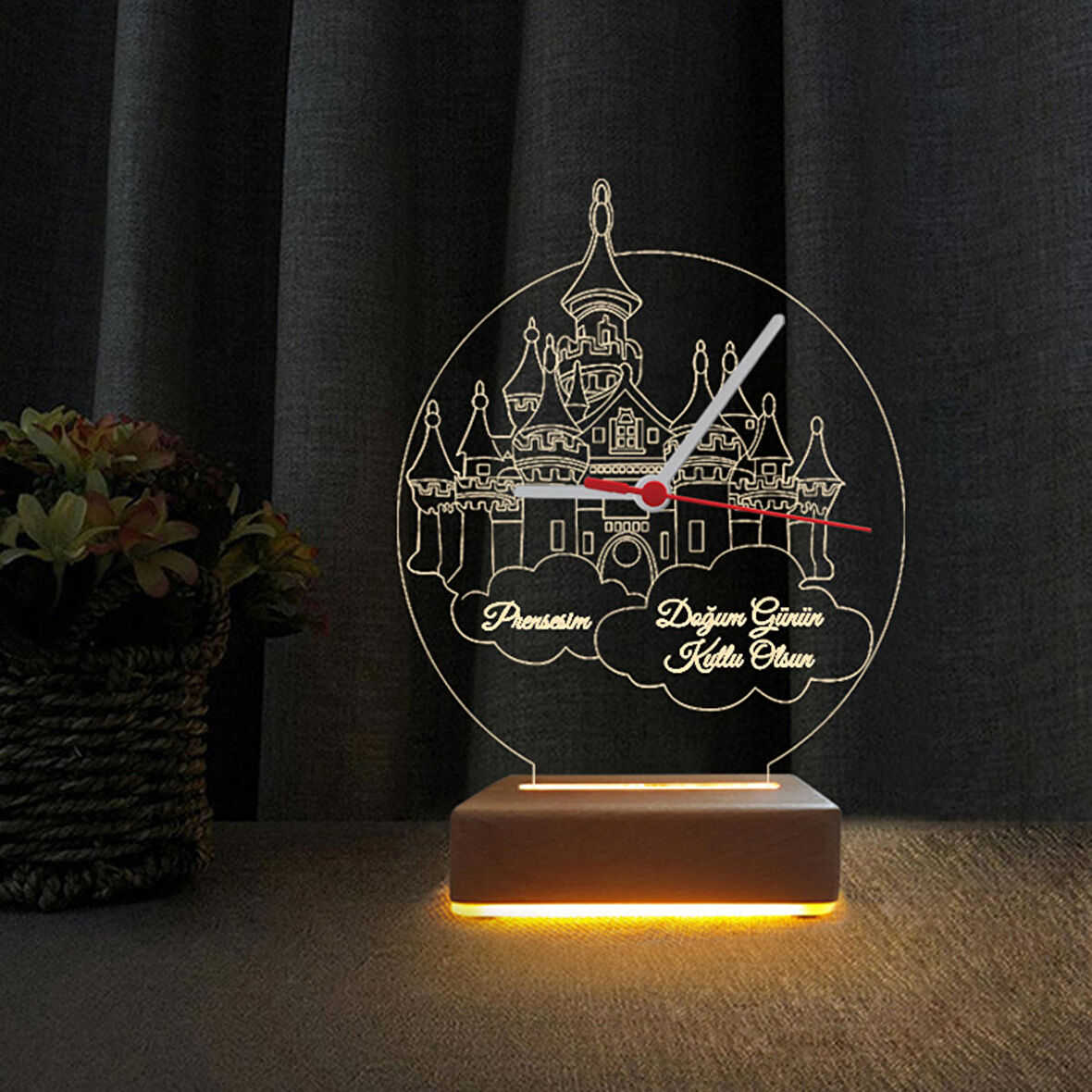 3D Led Gece Lambası Saatli Şato Dizayn Çocuk Odası Hediyesi