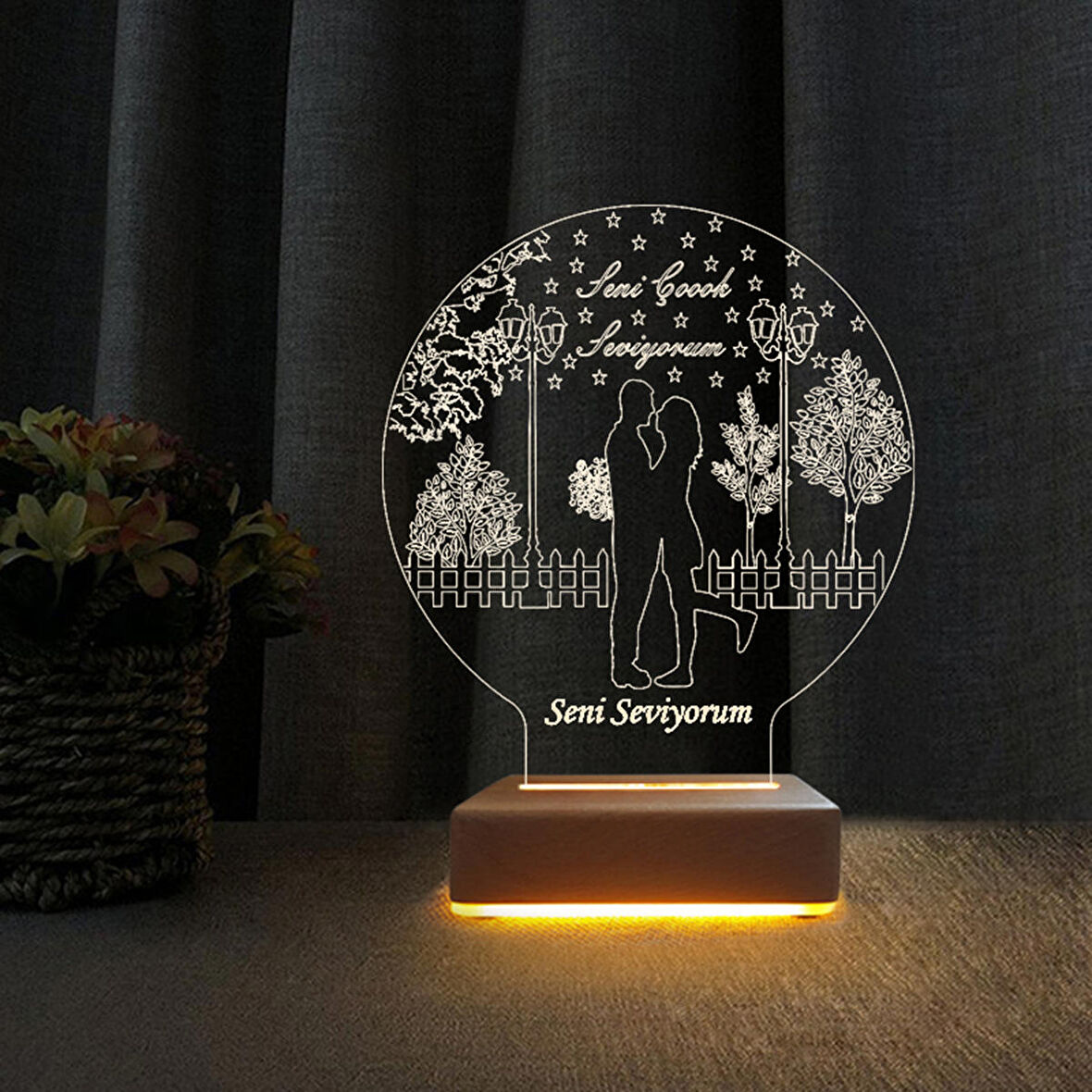 3D Led Gece Lambası Aşk Bahçesi Tasarım Seni Çok Seviyorum Yazılı Hediye Lamba