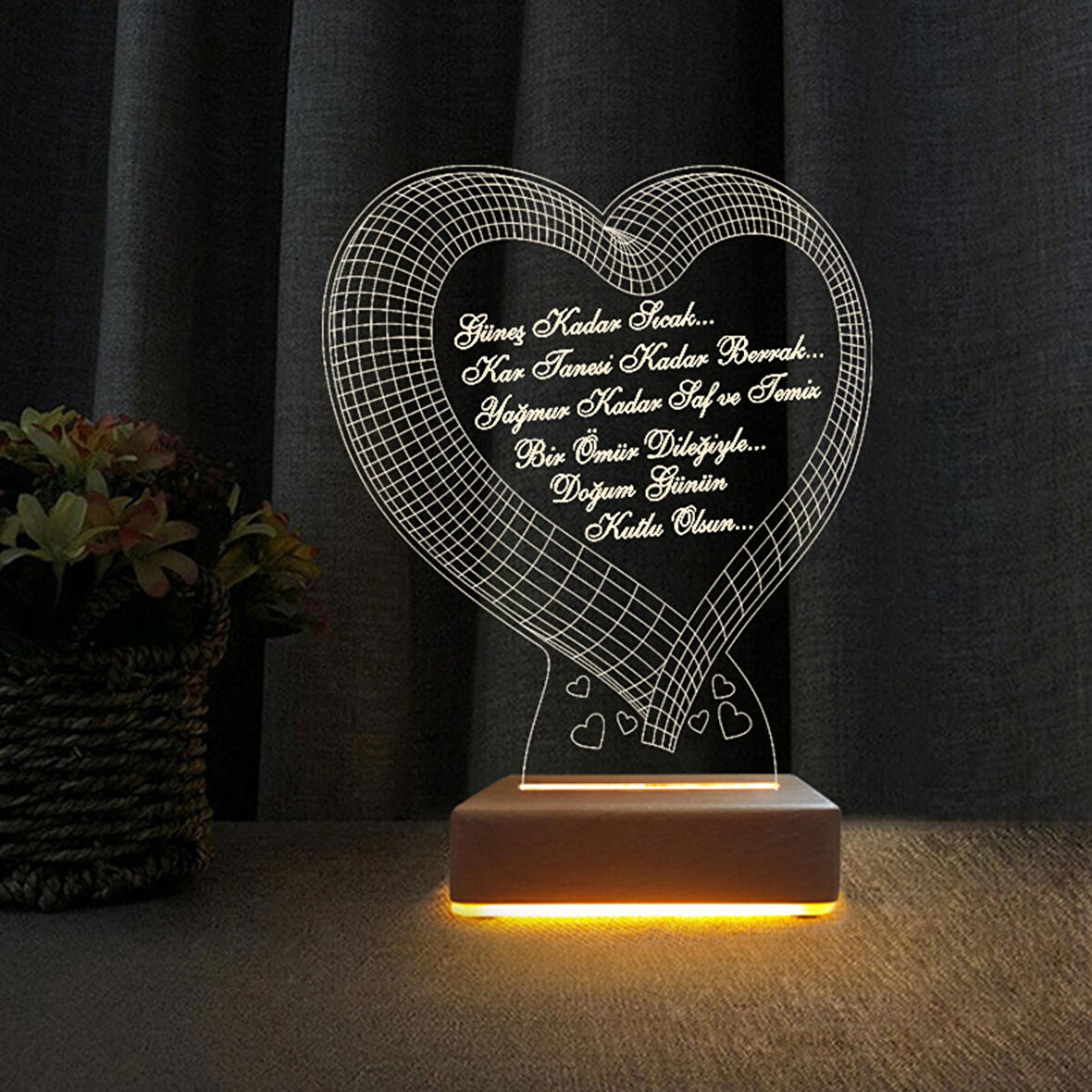 3D Led Gece Lambası Kalpli Tasarım Doğum Günü Hediyesiı Doğum Günü Mesajlı Lamba