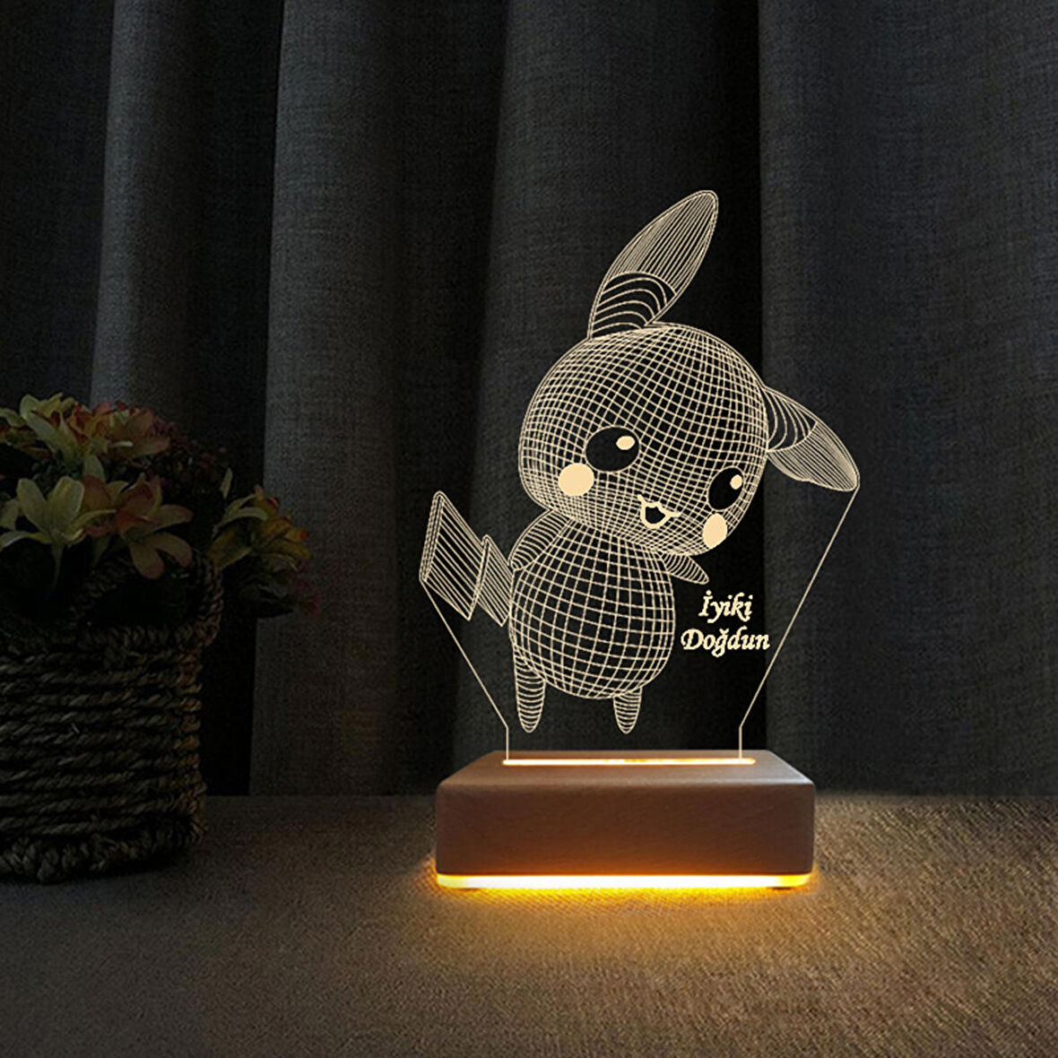 3D Led Gece Lambası Pikachu İyiki Doğdun Yazılı Led Gece Lambası Doğum Günü Hediyesi