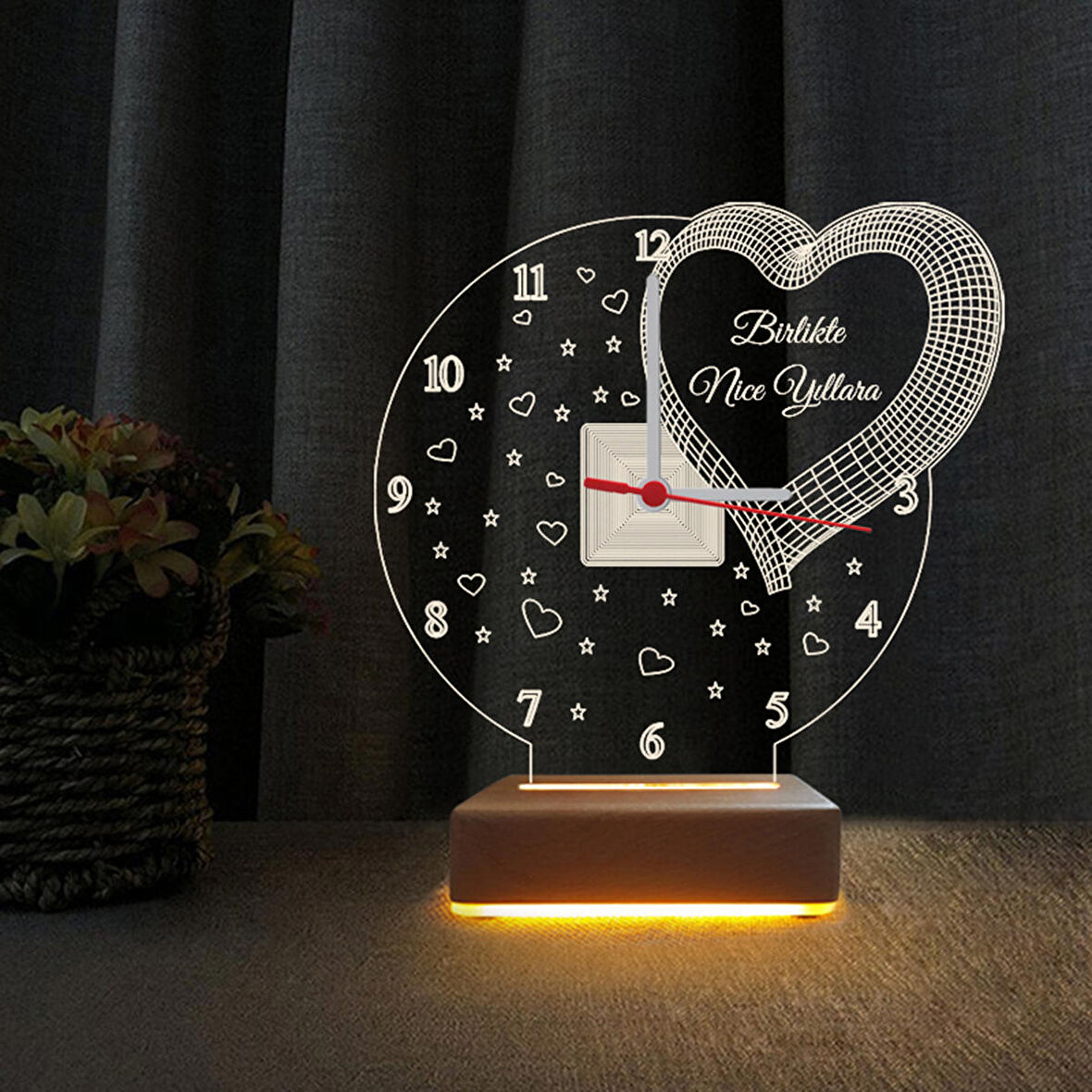 3D Led Gece Lambası Kalpli Saatli Led Gece Lambası Sevgili Hediyesi 