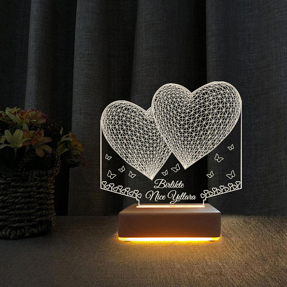 3D Led Gece Lambası 2 Kalpli Yıldönümü Sevgilie Hediyesi Led Gece Lambası