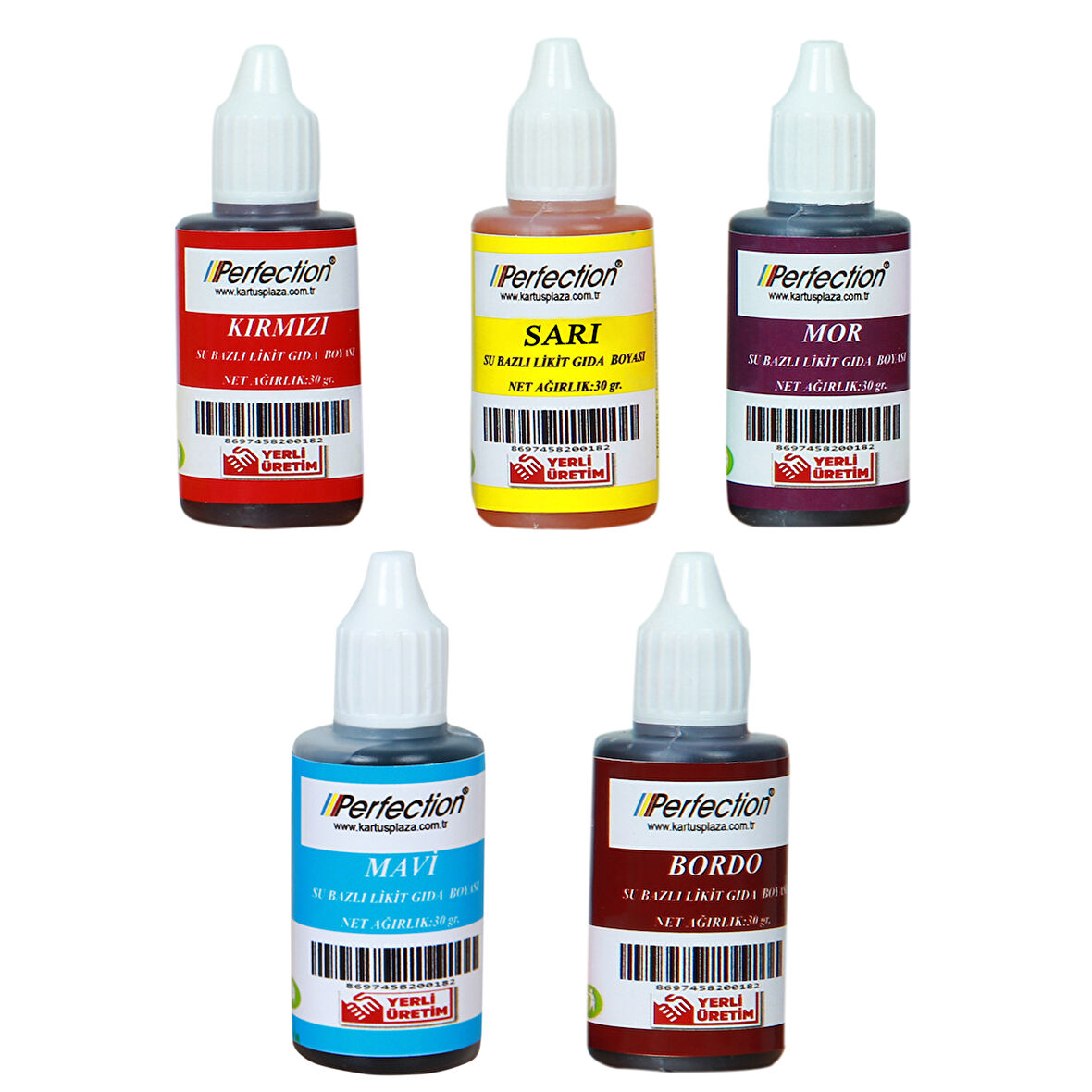 Perfection CHEF 5'li Sıvı Su Bazlı Likit Gıda Boyası Mor Sarı Kırmızı Mavi Bordo 5 X 30 gr .