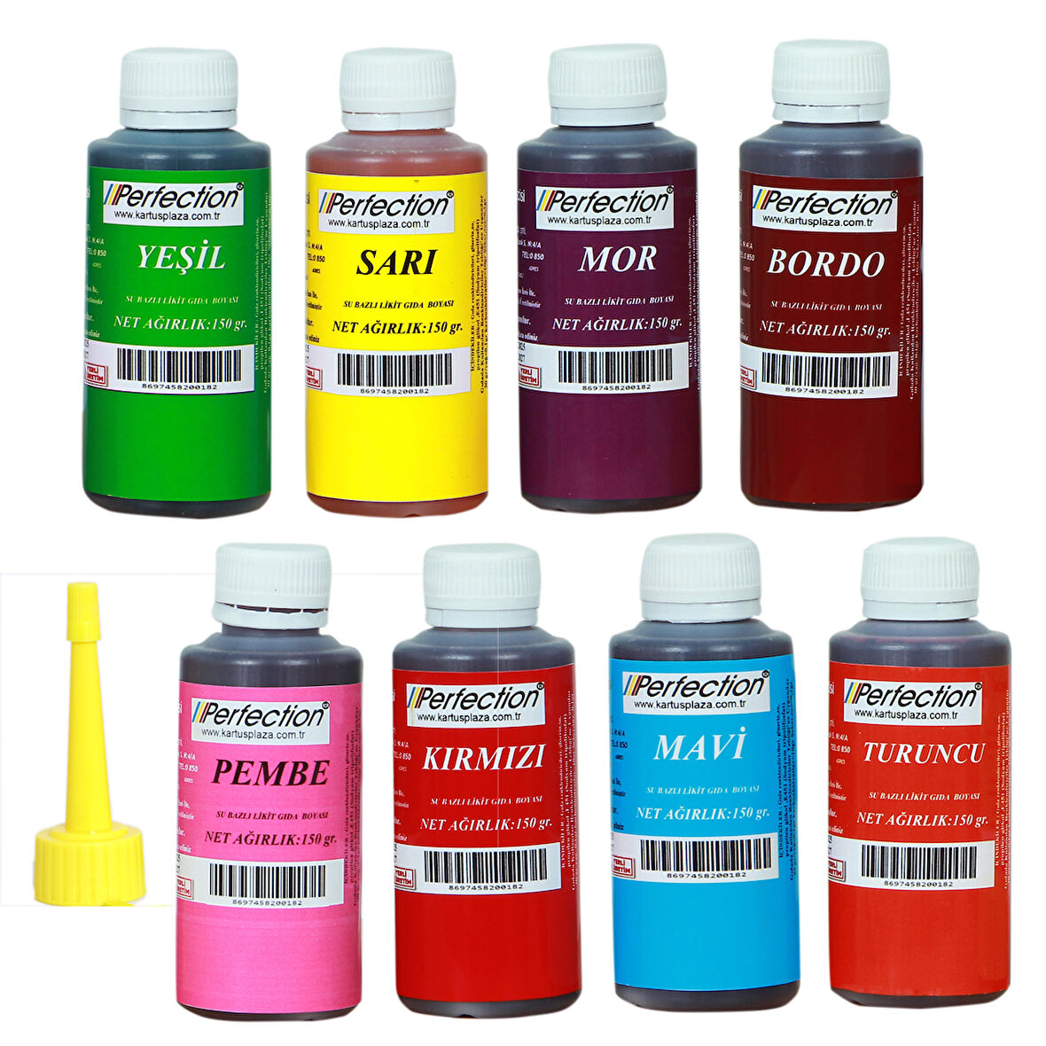Perfection CHEF 8'li Sıvı Su Bazlı Likit Gıda Boyası Bordo Pembe Turuncu Sarı Kırmızı Mavi Yeşil Mor 8 X 150 gr .