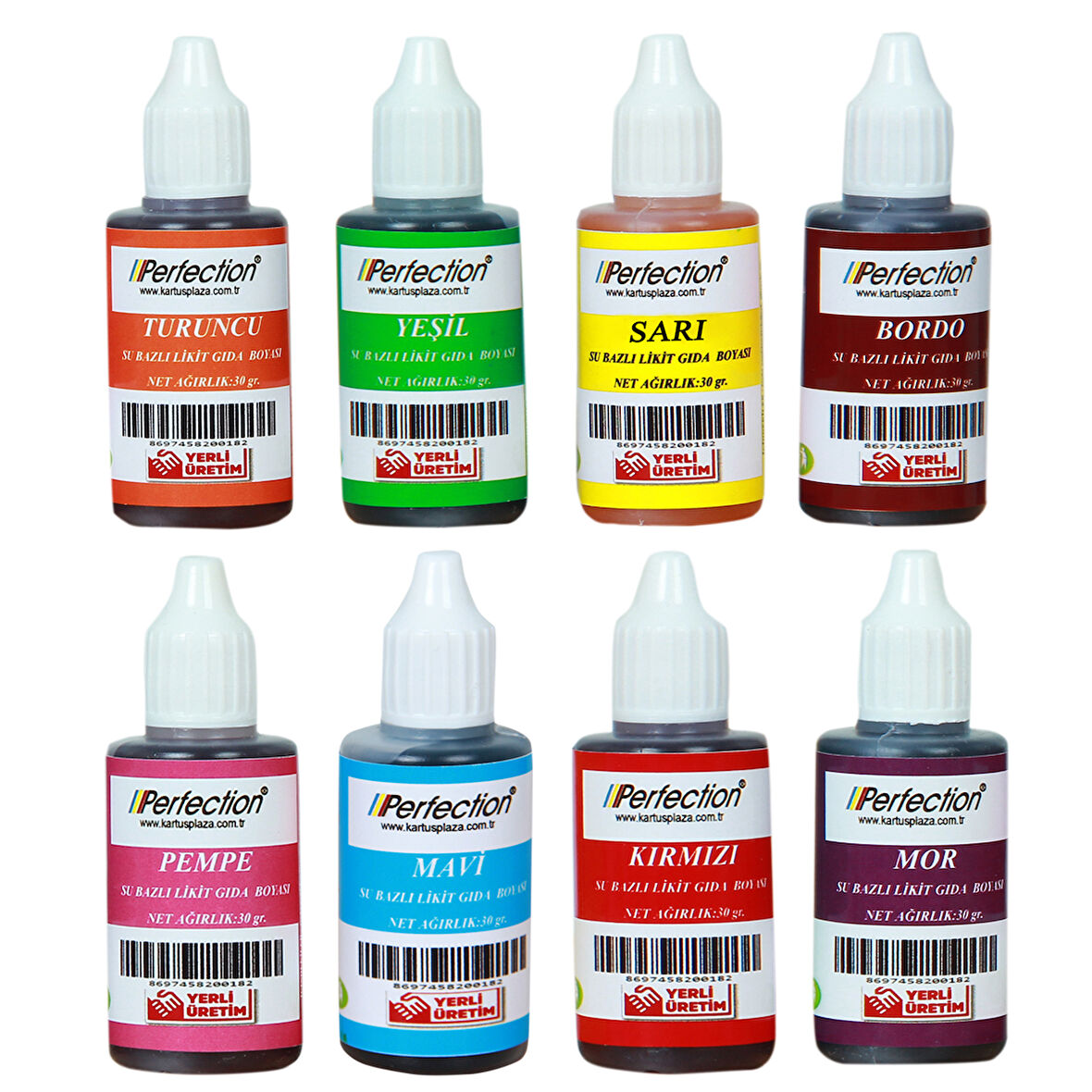 Perfection CHEF 8'li Sıvı Su Bazlı Likit Gıda Boyası Bordo Pembe Turuncu Sarı Kırmızı Mavi Yeşil Mor 8 X 30 gr .