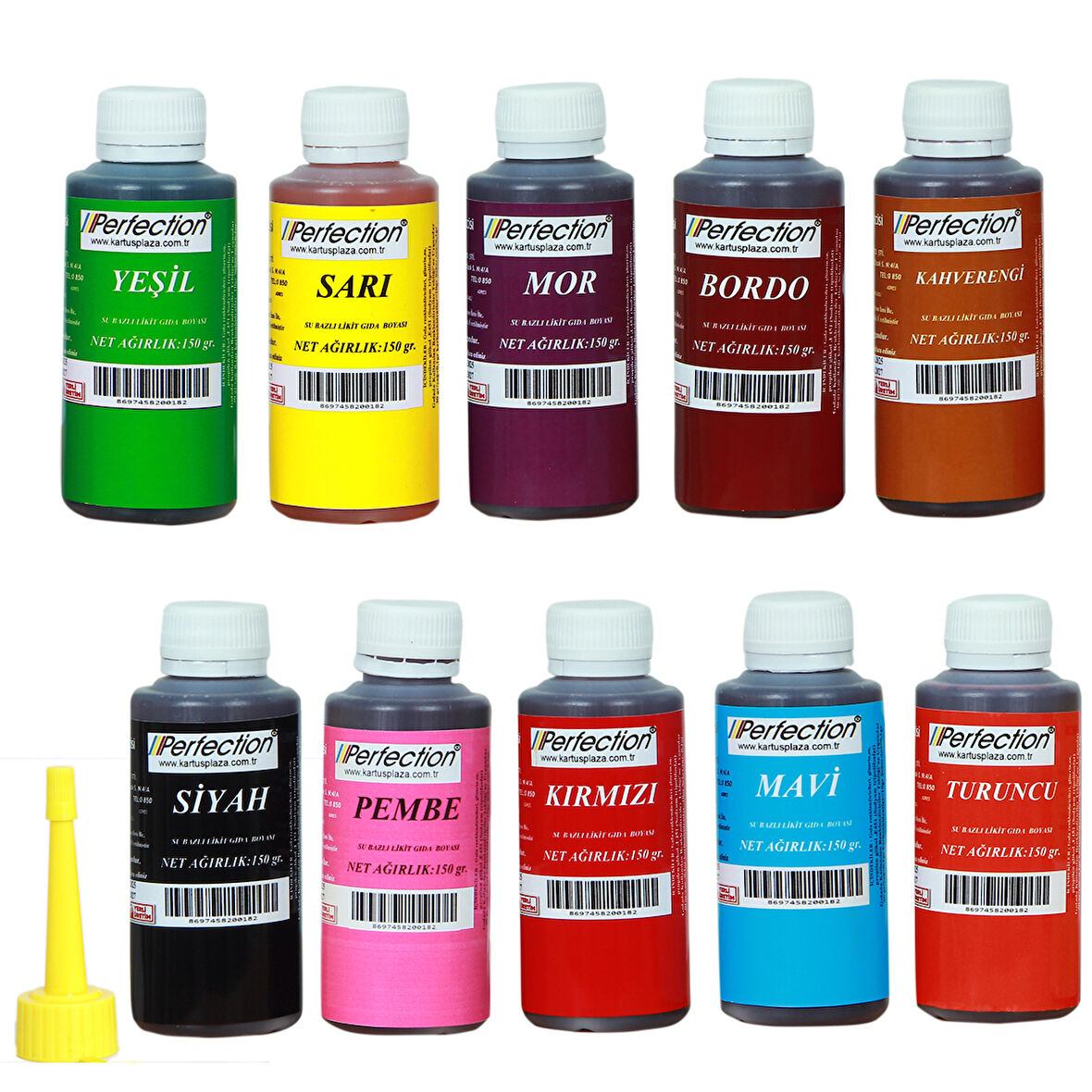 Perfection CHEF 10'lu Sıvı Su Bazlı Likit Gıda Boyası Kahverengi Siyah Bordo Pembe Turuncu Sarı Kırmızı Mavi Yeşil Mor 10 X 150 gr .