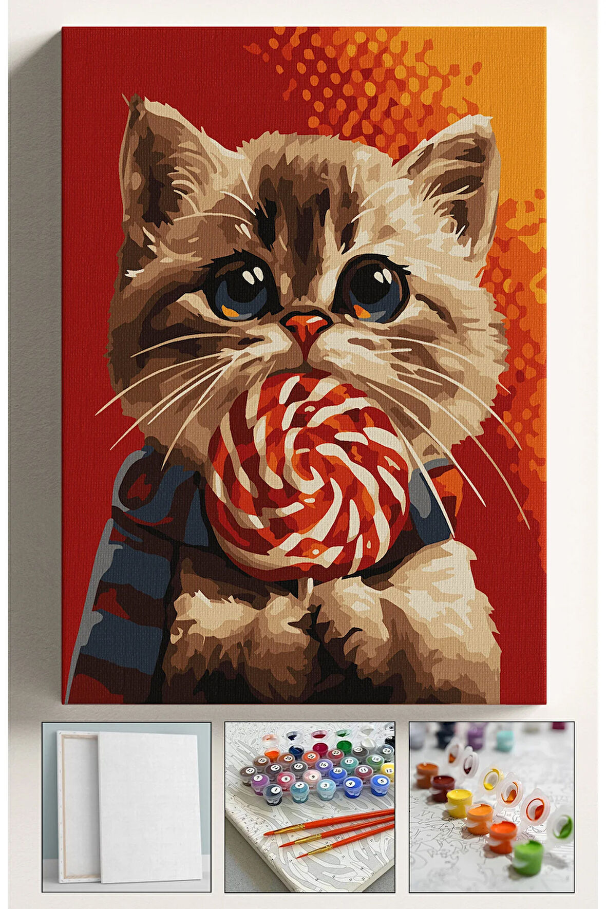 Sayılarla Boyama Seti Numaralı Tuval Fırça Boya 40x50 Cm Şekerci Kedi