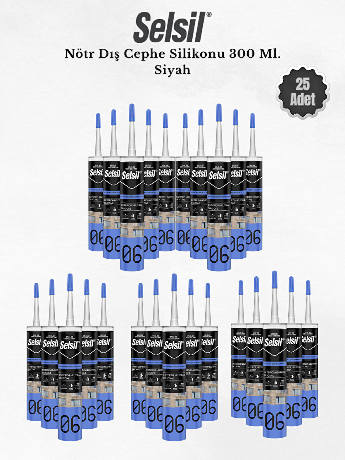 Selsil Nötr Dış Cephe Silikonu Siyah 300 Ml. 25 Adet