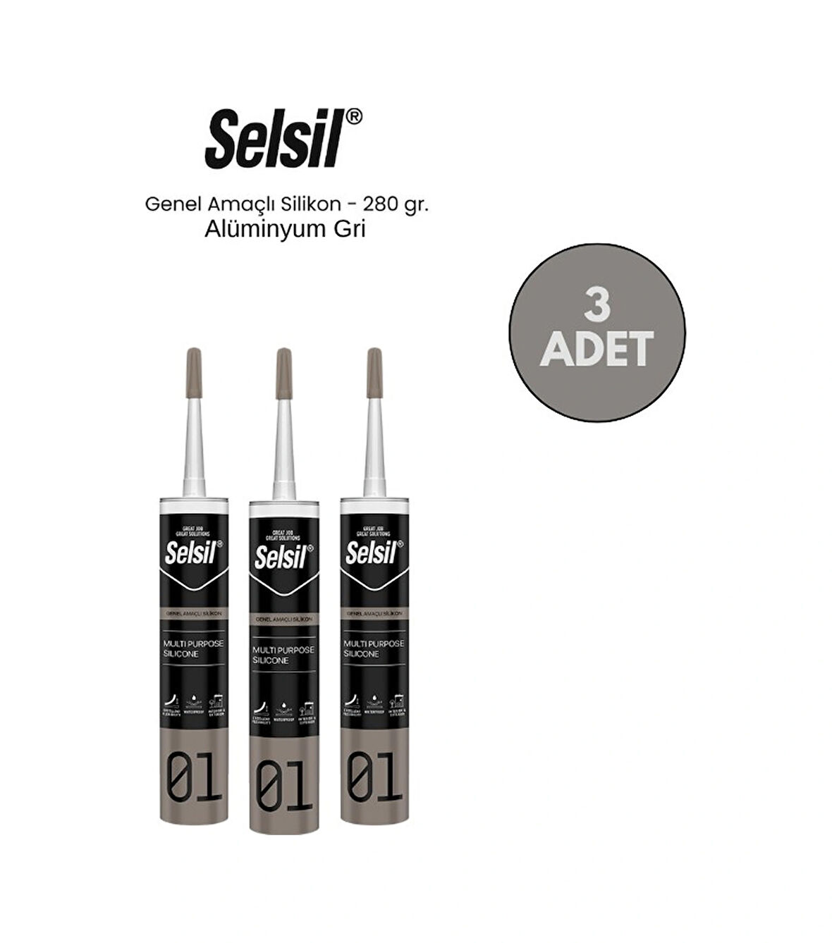 Selsil Genel Amaçlı Alüminyum Gri Silikon 280 Gr. 3 Adet