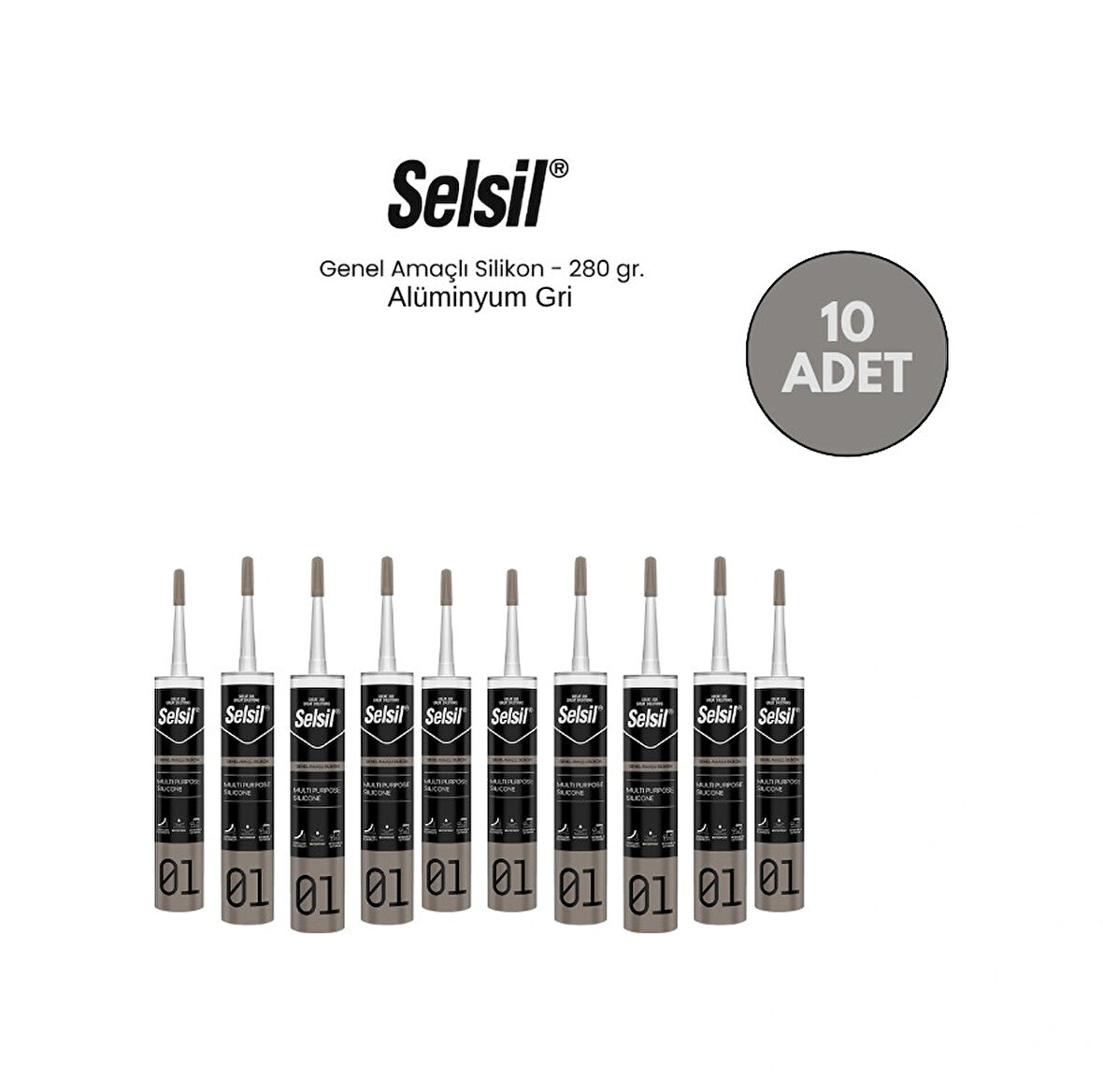 Selsil Genel Amaçlı Alüminyum Gri Silikon 280 Gr. 10 Adet