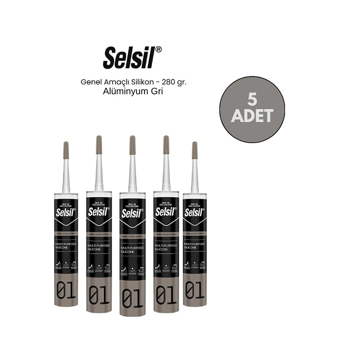 Selsil Genel Amaçlı Alüminyum Gri Silikon 280 Gr. 5 Adet