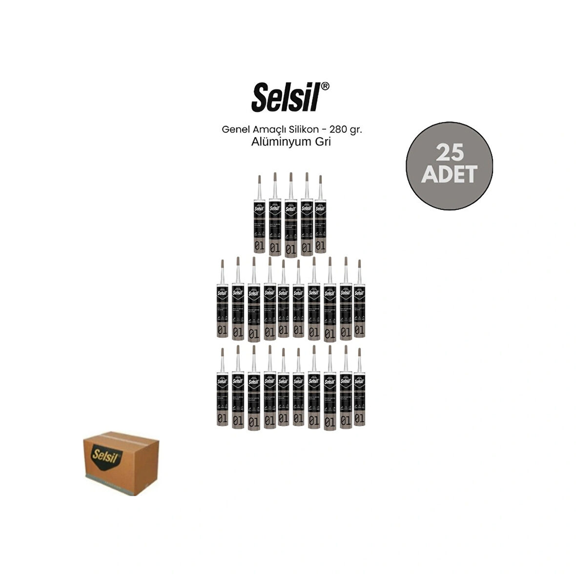 Selsil Genel Amaçlı Alüminyum Gri Silikon 280 Gr. 25 Adet