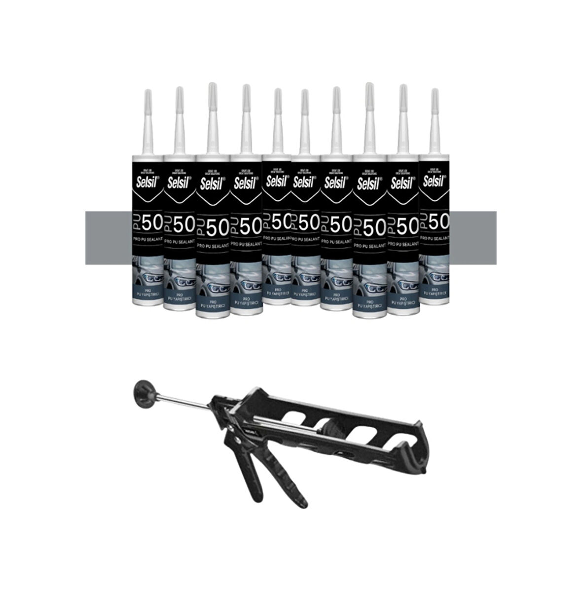 Selsil Poliüretan Mastik Gri 280 Ml. - 10 Adet +  Kendo Silikon Tabancası