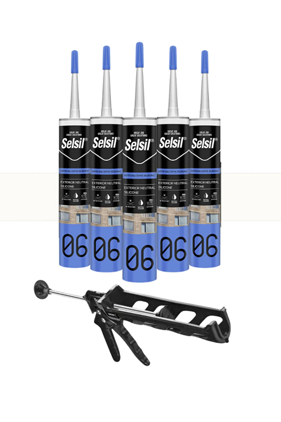 Selsil Nötr Cephe Silikonu 300 Ml Şeffaf (5 Adet), Plastik Tabanca