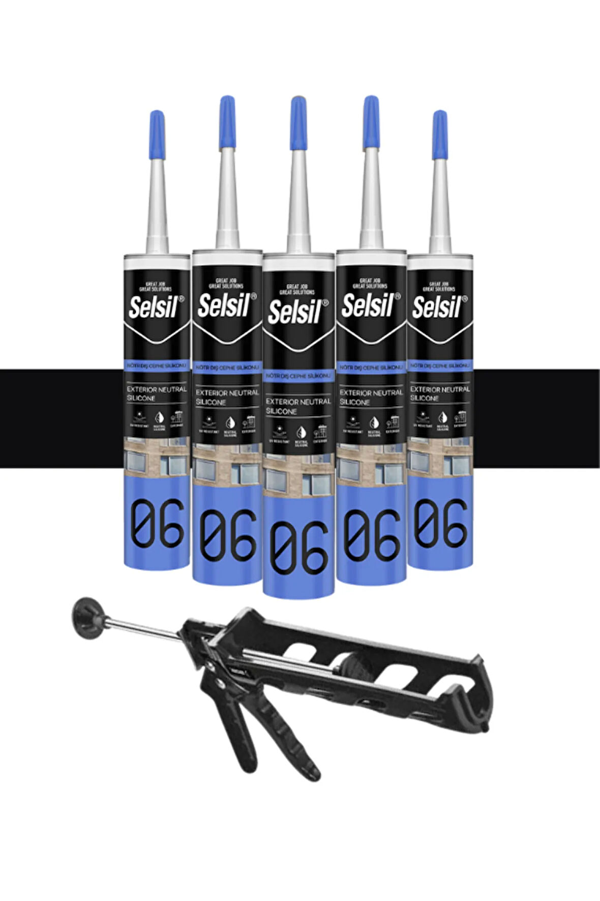 Selsil Nötr Cephe Silikonu 300 Ml Siyah (5 Adet), Plastik Tabanca