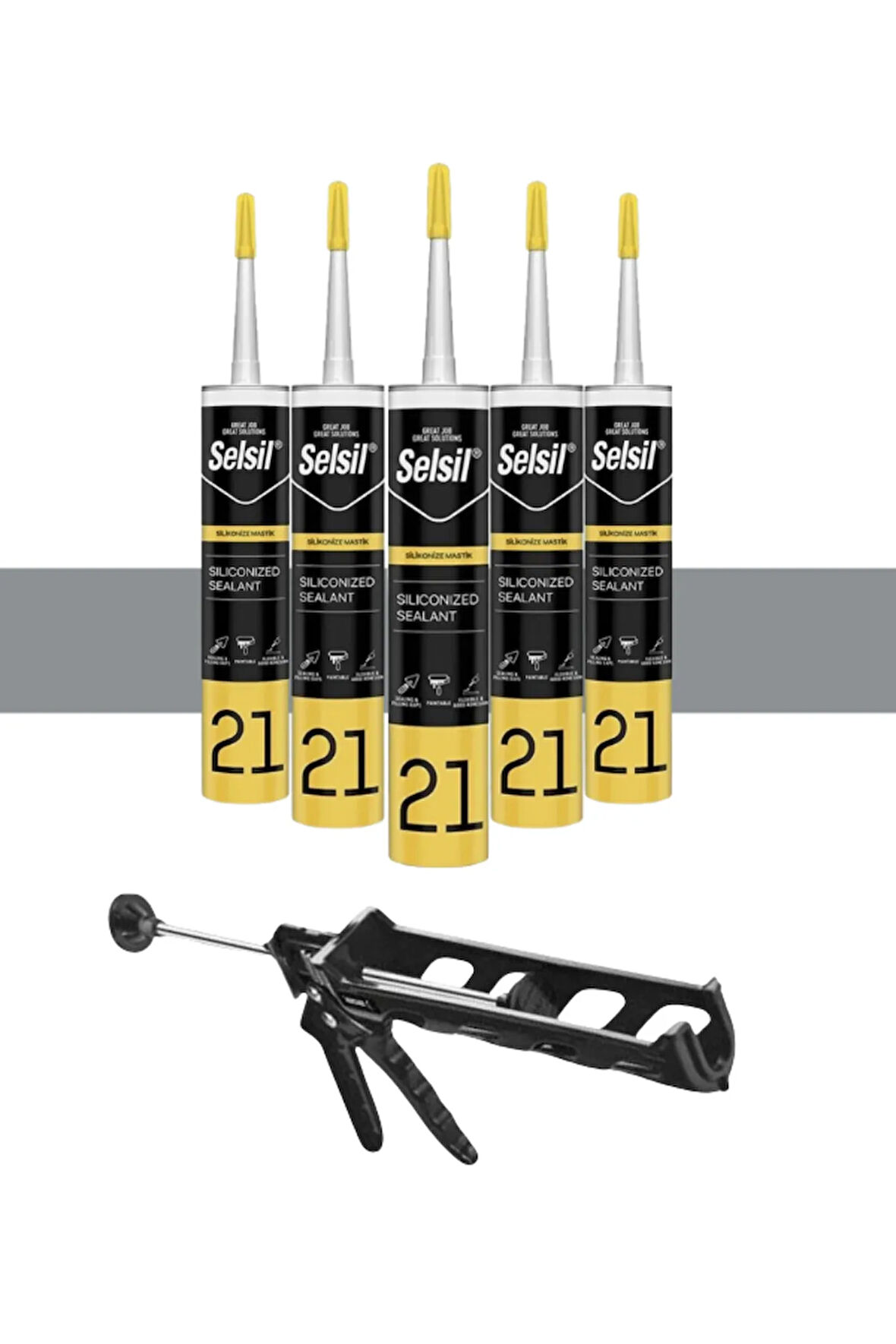 Selsil Silikonize Mastik 500 Gr. Gri (5 Adet), Plastik Tabanca