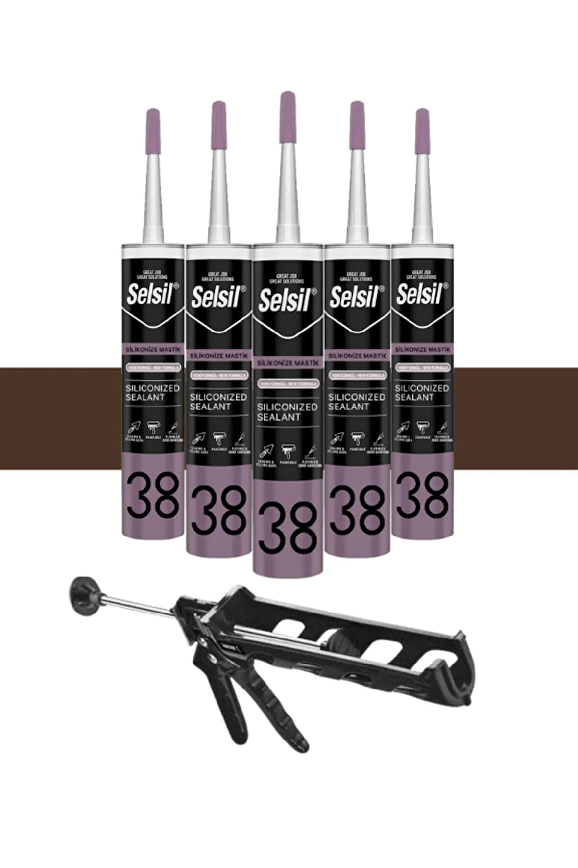 Selsil Silikonize Mastik 500 Gr. Kahverengi (5 Adet), Plastik Tabanca