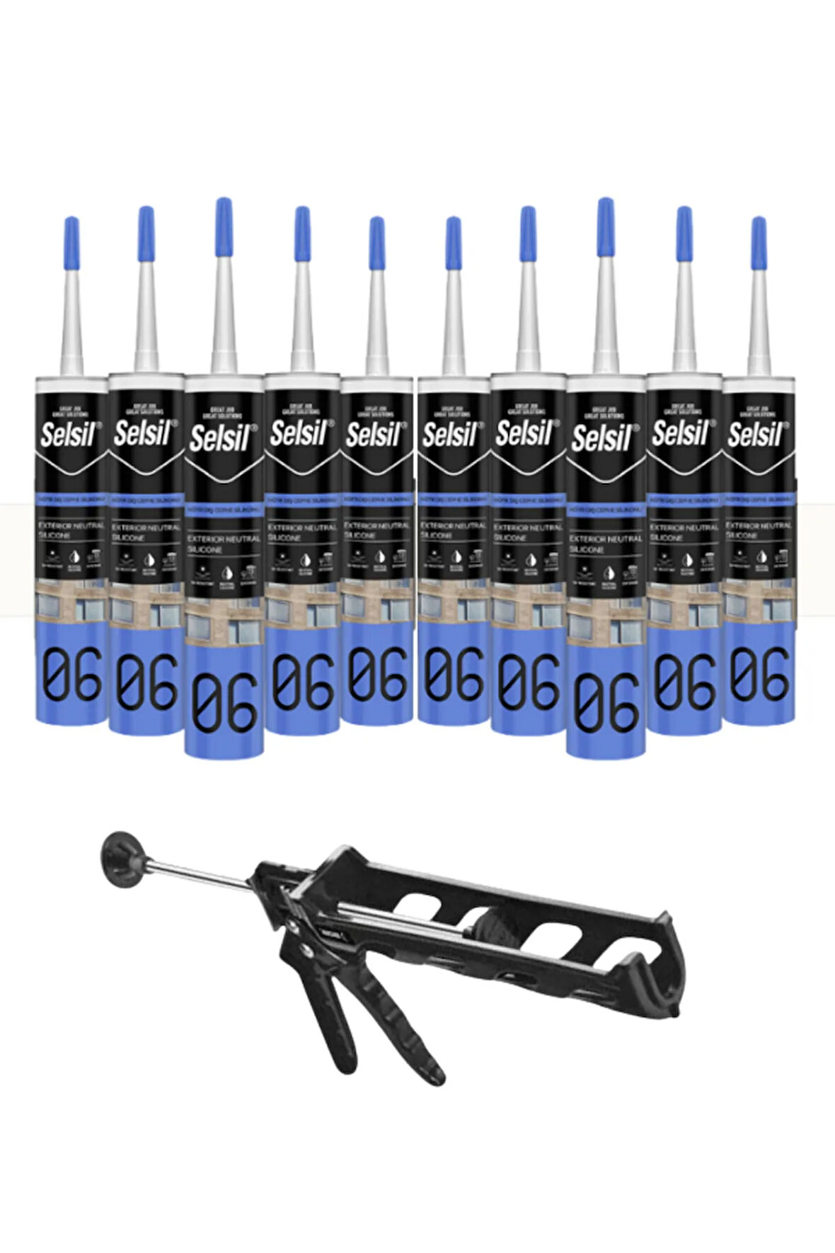 Selsil Nötr Cephe Silikonu 300 Ml Şeffaf (10 Adet), Plastik Tabanca