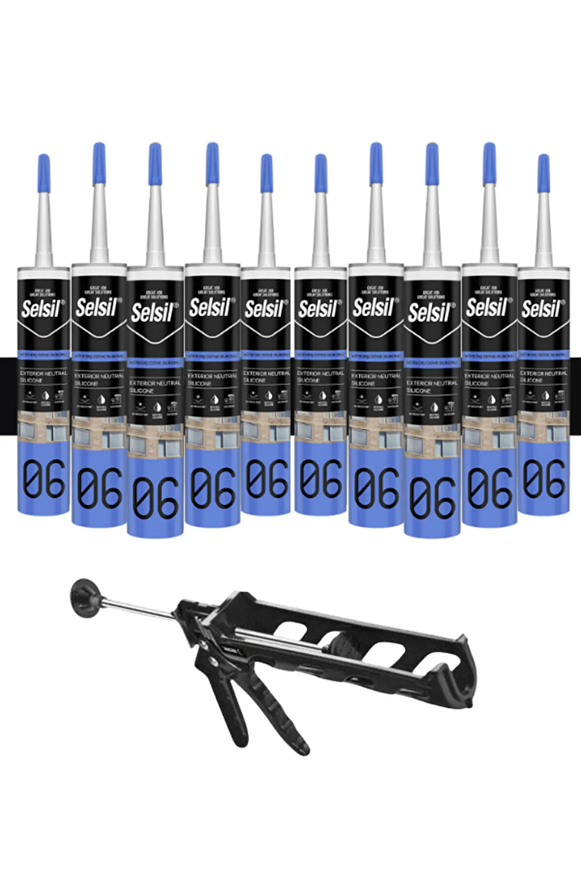 Selsil Nötr Cephe Silikonu 300 Ml Siyah (10 Adet), Plastik Tabanca