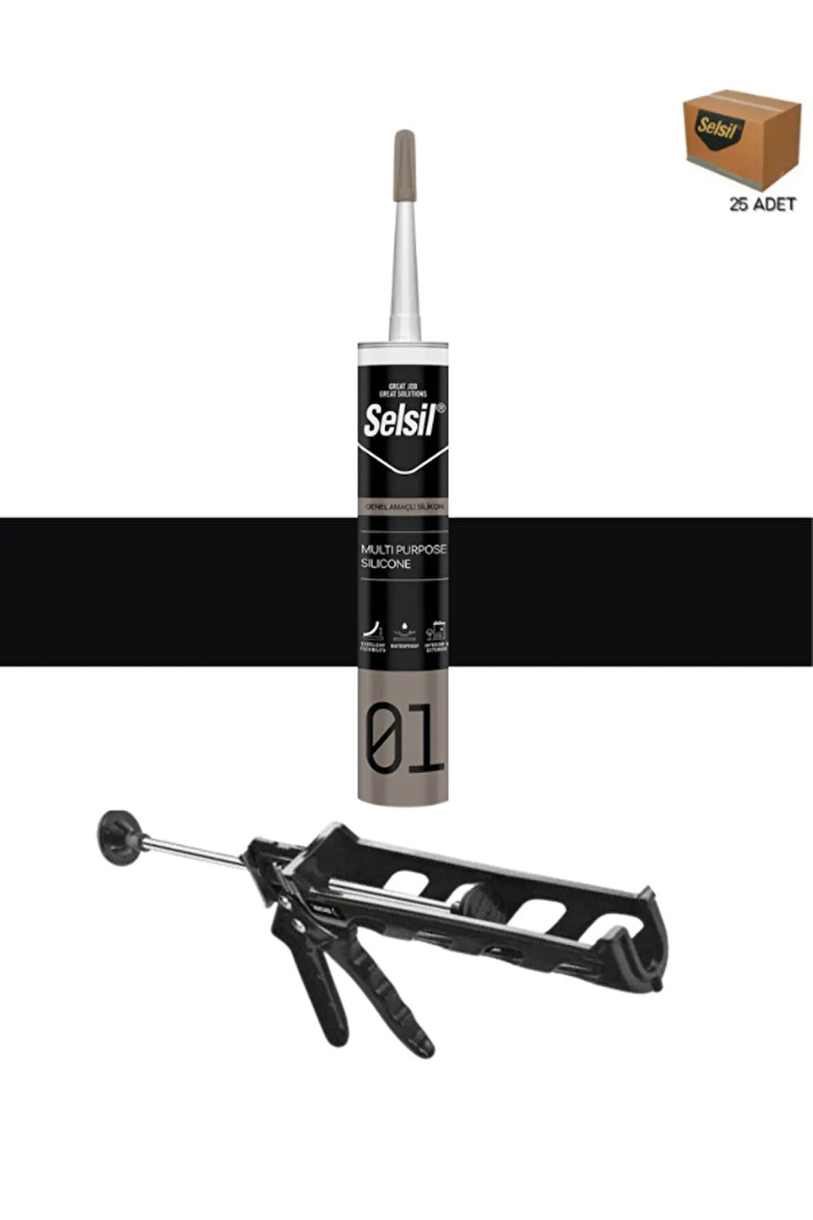 Selsil Ga Silikon 280 Gr. Siyah (25 Adet), Plastik Tabanca